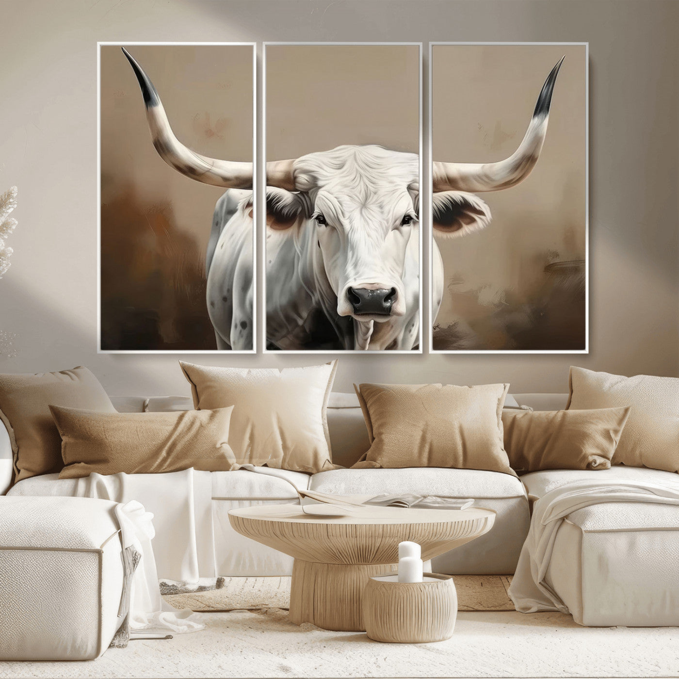 -White Longhorn Bull Wall Art Canvas Print – Framed and Ready to Hang – Perfect for Farmhouse and