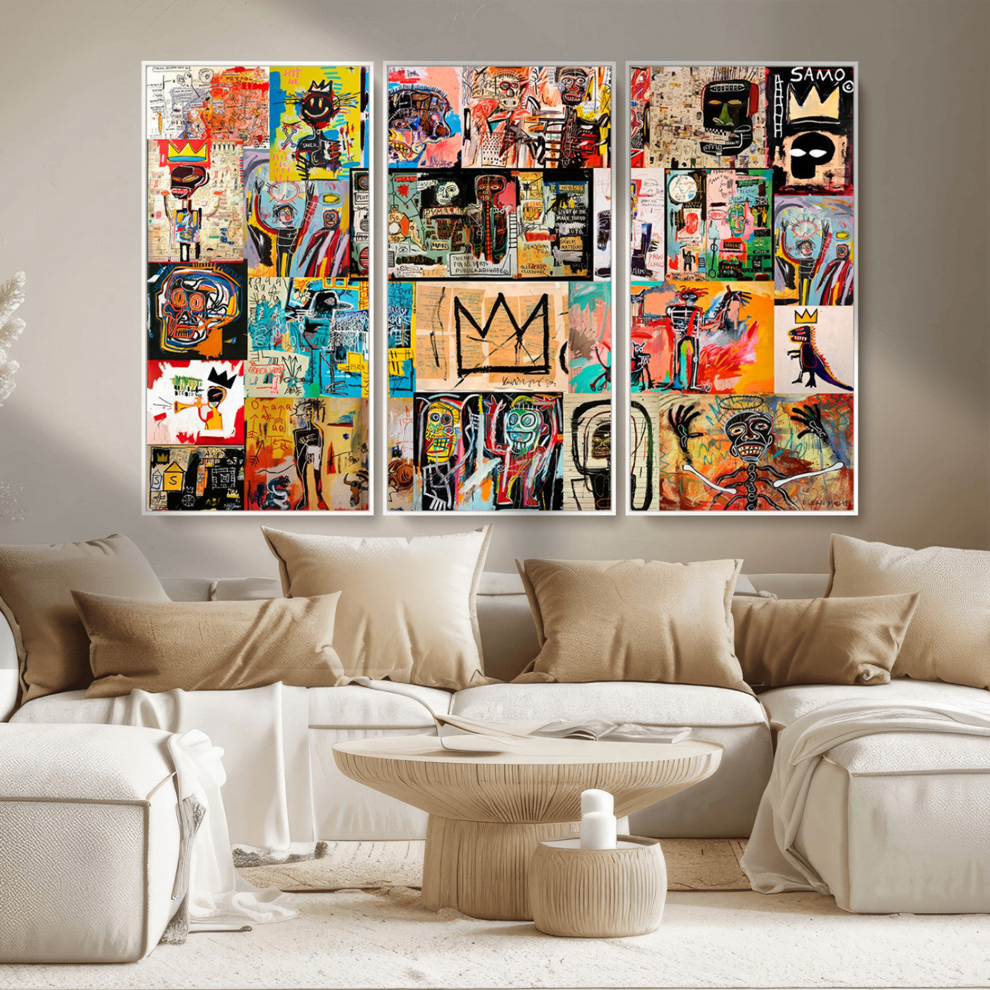 MGV-FC-48X32-3P - Basquiat Art Collage Wall Art Canvas Print – Framed, Ready to Hang, Urban Graffiti Style