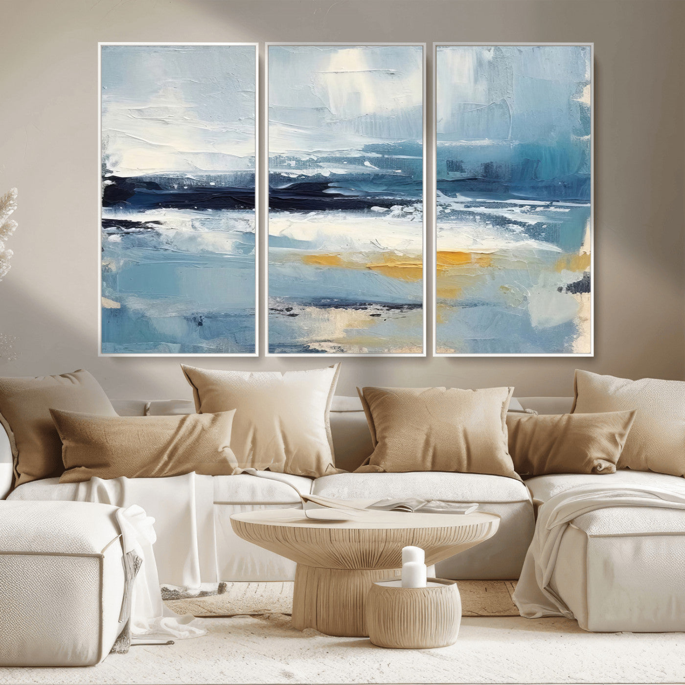 MGV-FC-48X32-3P - Abstract Ocean Canvas Wall Art - Coastal Blue and Gold Textured Painting, Modern Seascape Decor for Living Room Decor