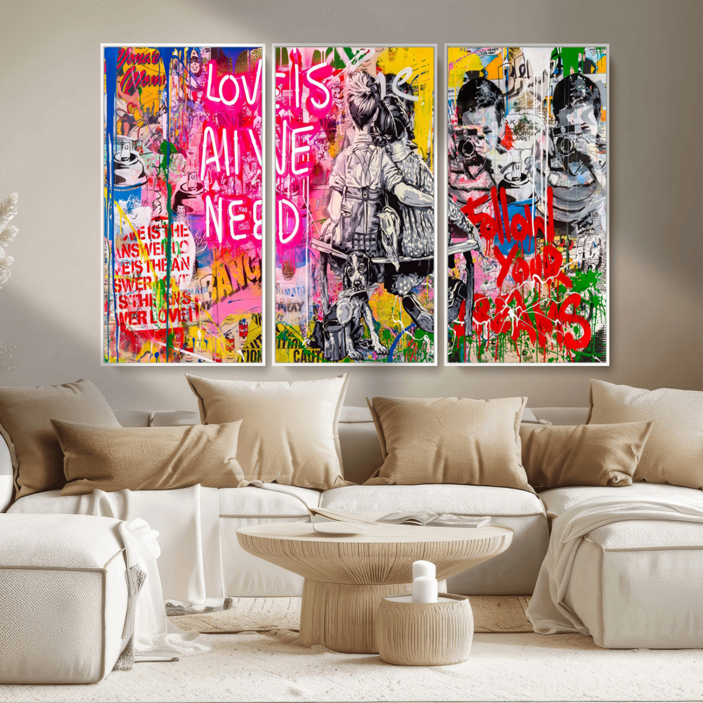 MGV-FC-48X32-3P - Follow Your Dreams & Love is All We Need Graffiti Street Art Triptych | 3-Panel Colorful Urban Wall Art for Living Room, Office, Loft Graffiti Wall Art Print