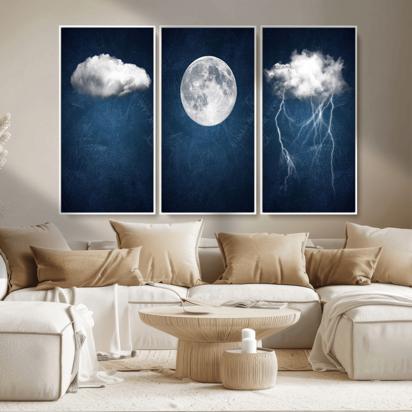 -Dark Blue Cloud Art, 3 Piece Indigo Blue Wall Art, Aesthetic Surreal Art, Thunderstorm Moon Cloud