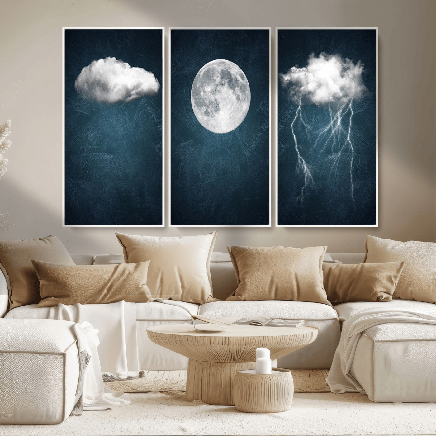 -3 Piece Indigo Cloud Wall Art, Thunderstorm Moon Cloud Artworks