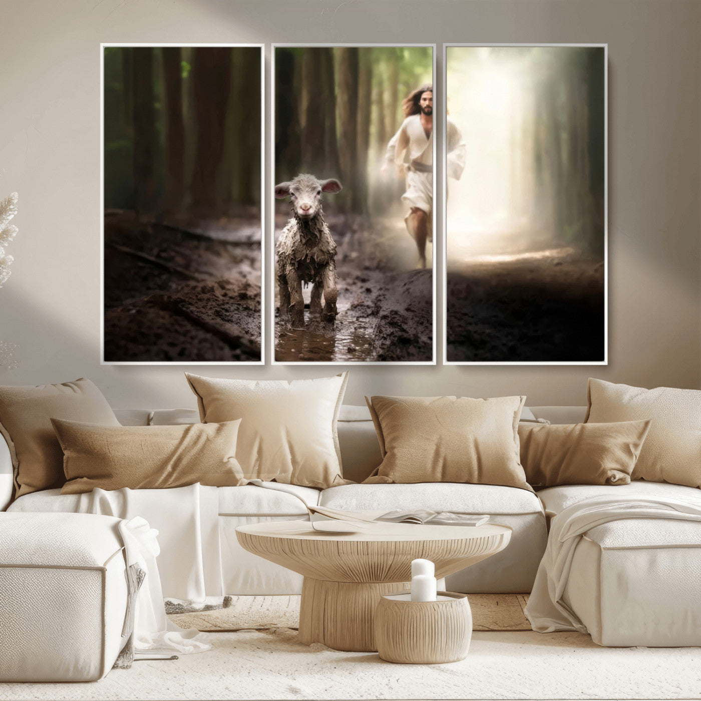 MGV-FC-48X32-3P - Jesus Canvas Wall Art - Jesus Running After Lost Lamb, Jesus, Christian Home Decor - Church Wall Art