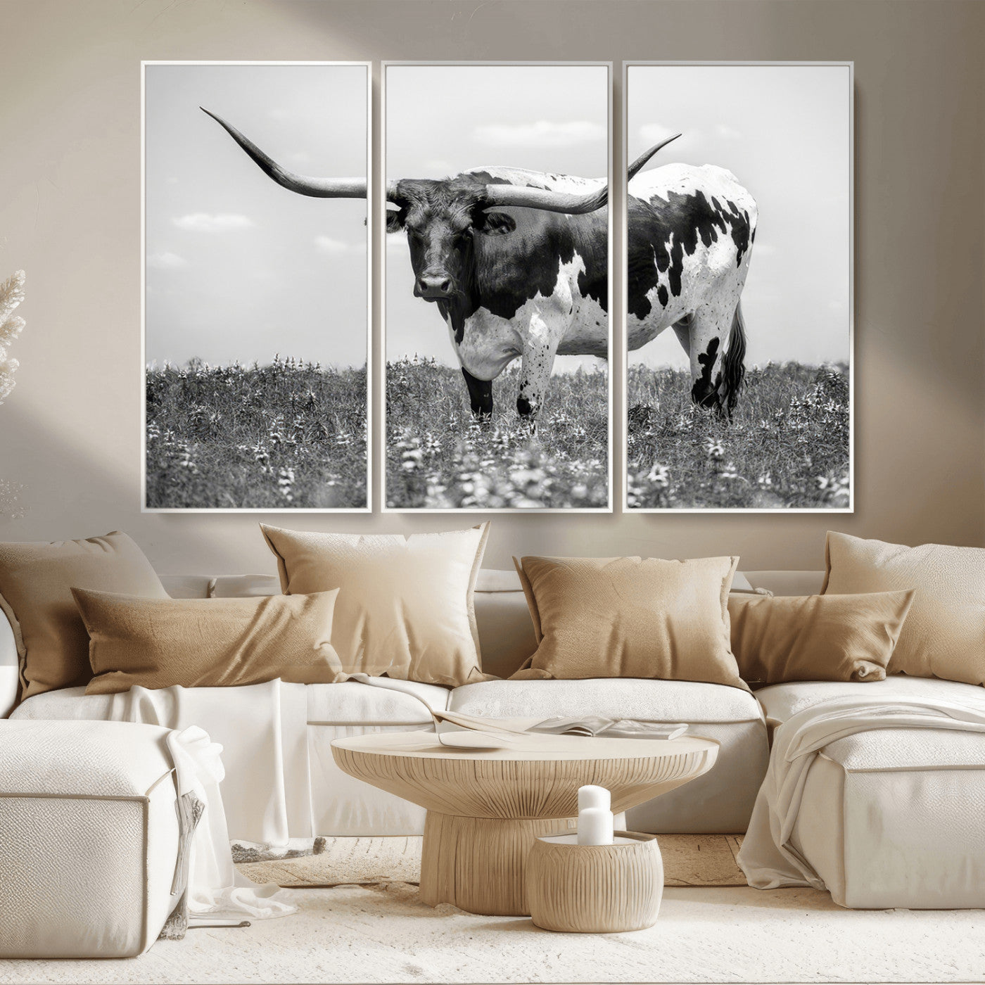 -Texas Black White Highland Longhorn Cow Wall Art Canvas Print