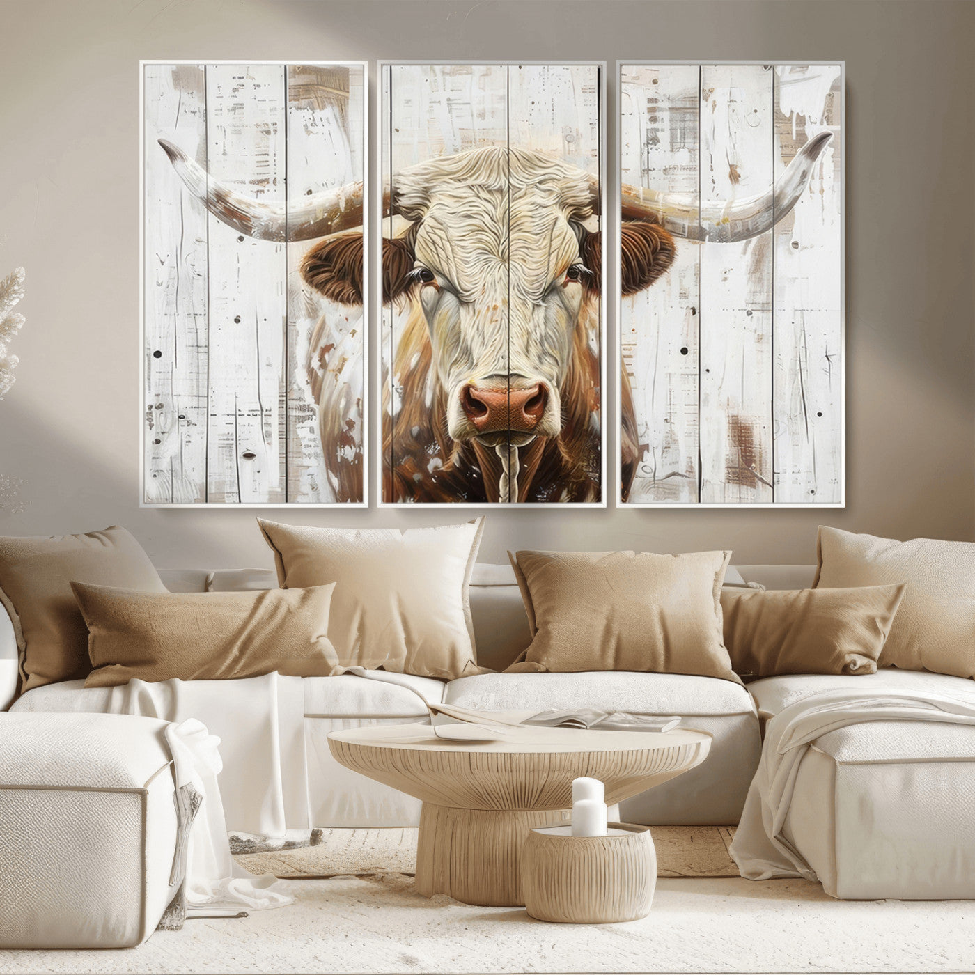 -Rustic Longhorn Bull Wall Art Canvas Set – Western-Inspired Farmhouse Décor - Ready to Hang