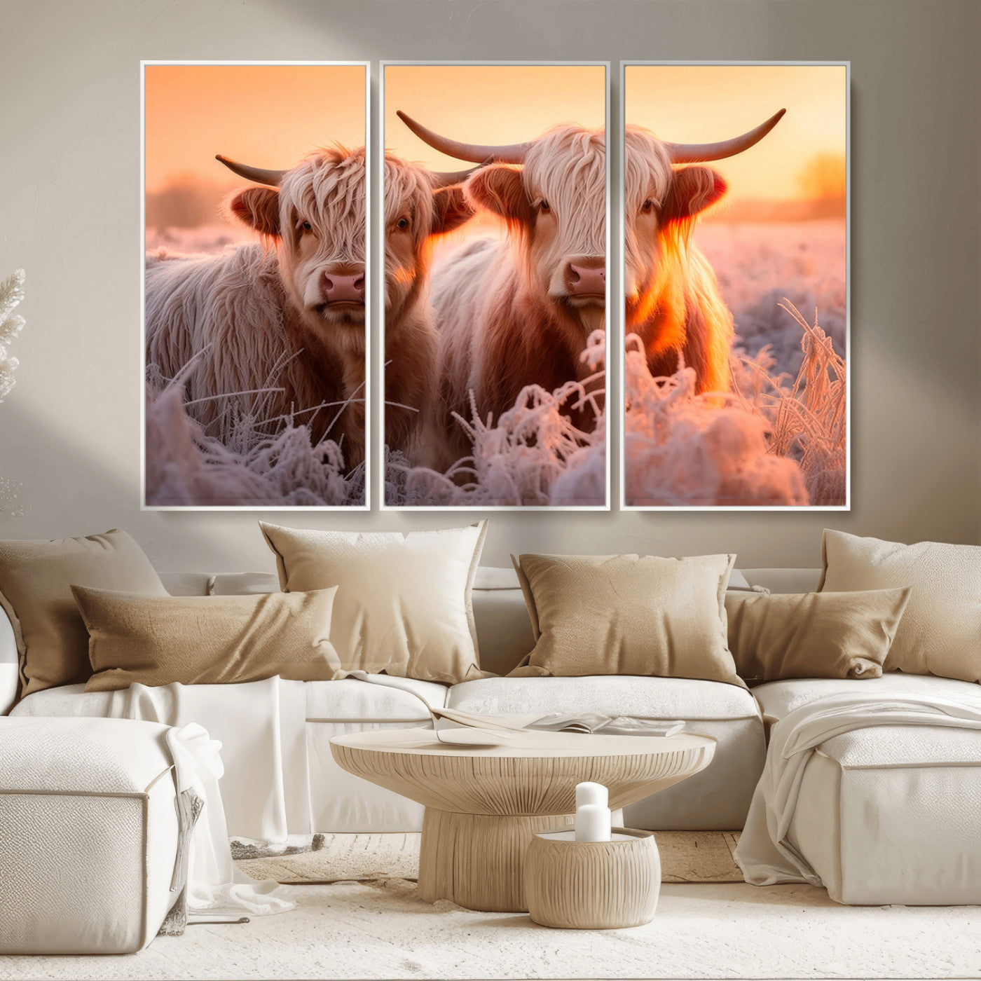 -Highland Cows at Sunrise Wall Art Canvas Set – Serene and Rustic Farmhouse Decor