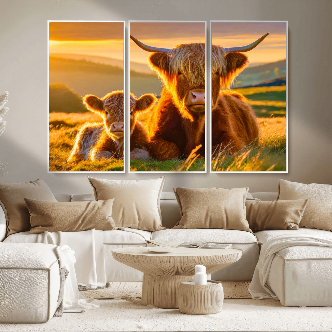-Scottish Cow and Baby Cow Canvas Wall Art Animal Print Fluffy Cattle Framed Farmhouse Decor