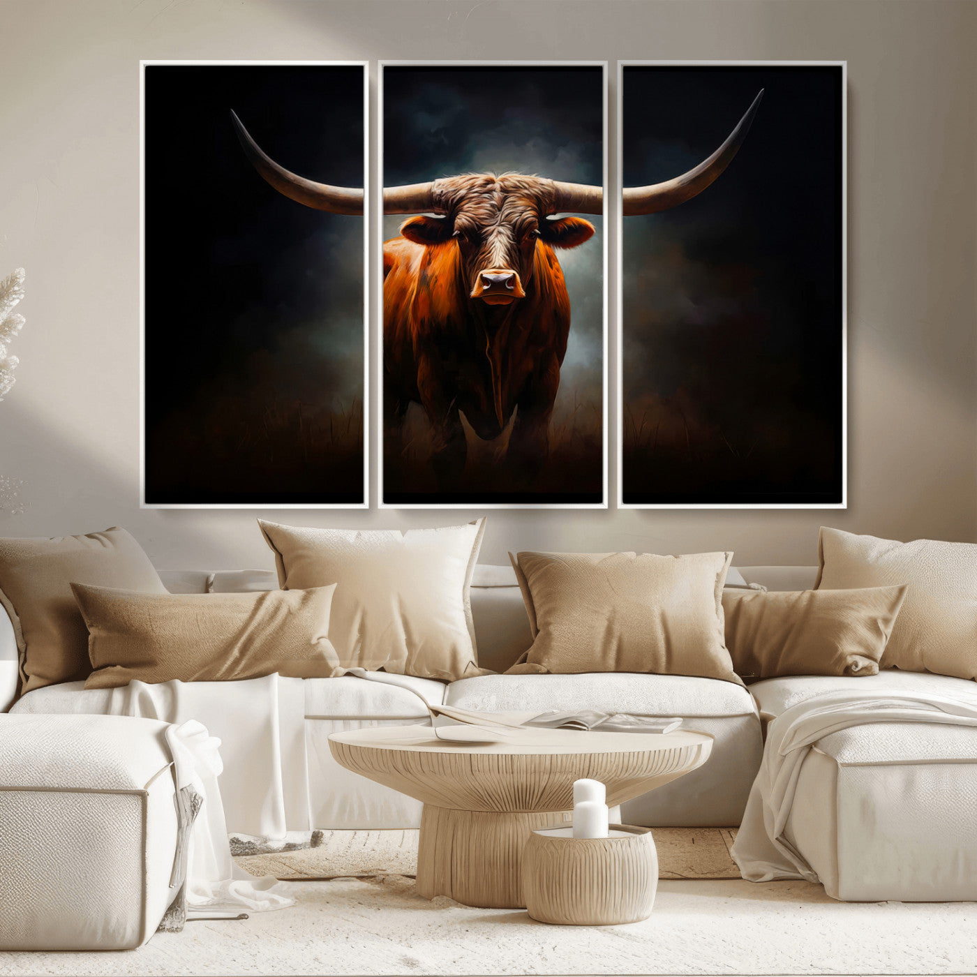 MGV-FC-48X32-3P - Abstract Texas Longhorn Wall Art Print | 3-Panel Large Texas Longhorn Canvas Print for Living Room, Office  Farmhouse Decor | Framed Longhorn Wall Art