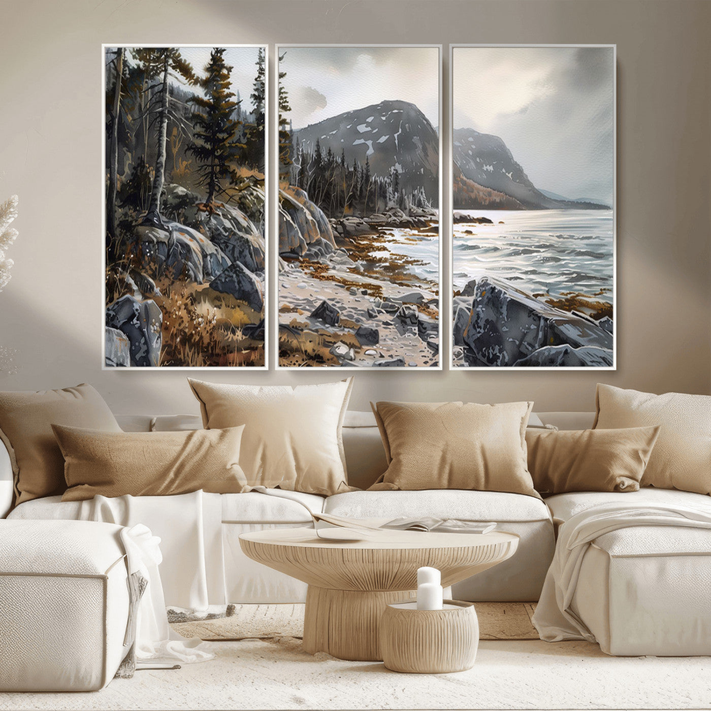 -Serene Coastal View of Acadia National Park - Stunning 3-Panel Wall Art Canvas Print, Framed, Ready