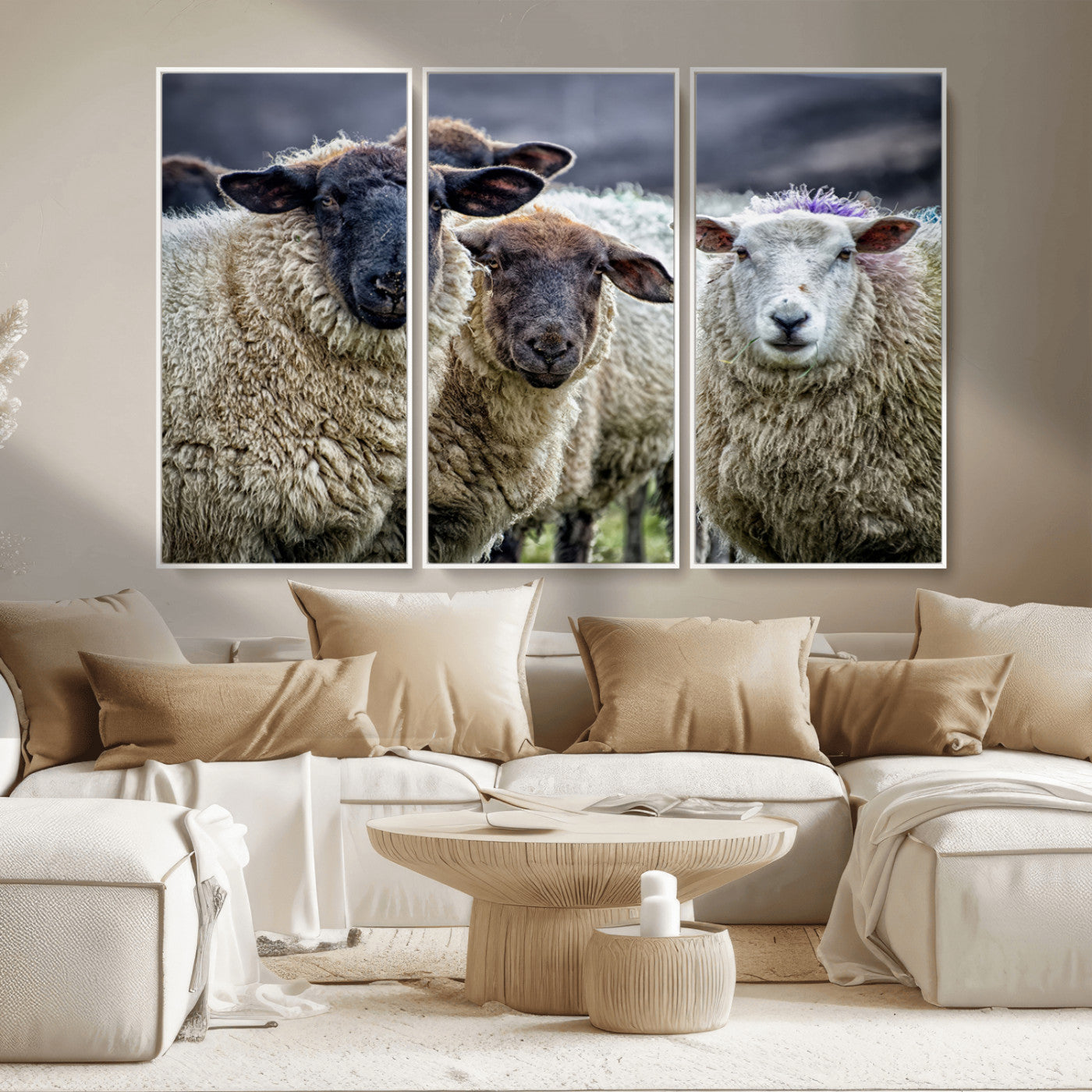 -Charming Sheep Portrait Wall Art – Trio of Woolly Companions Canvas Print, Framed, Ready to Hang
