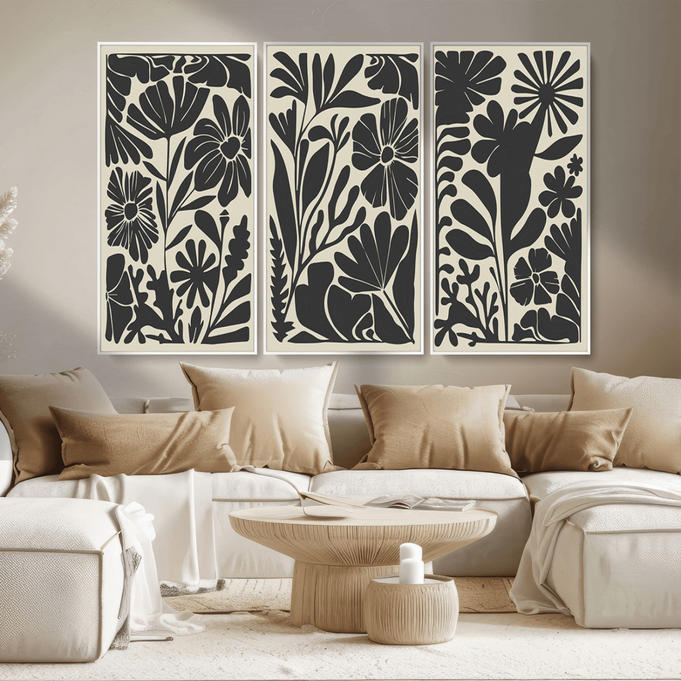 MGV-FC-48X32-3P - Modern Botanical Wall Art - Floral Black and White Canvas Print, Framed, Ready to Hang