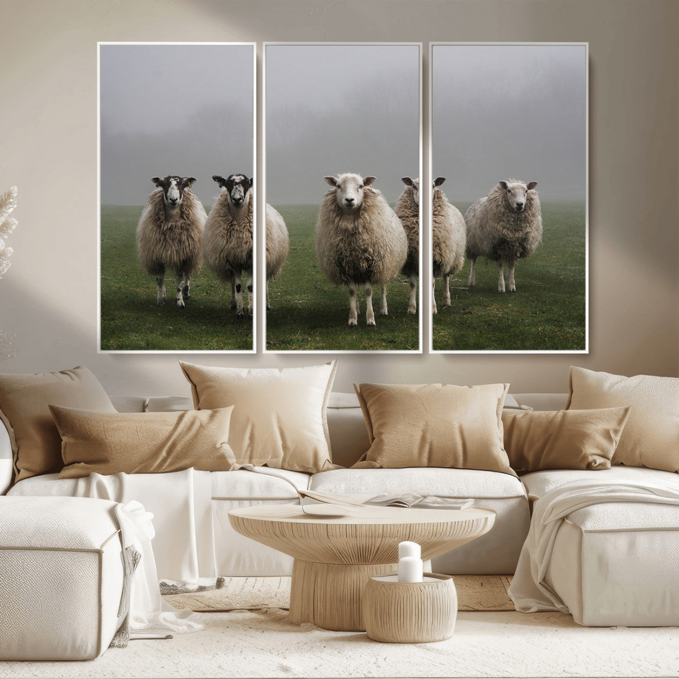 -Flock of Sheep in a Mystical Fog – Pastoral Wall Art Canvas Print, Framed, Ready to Hang