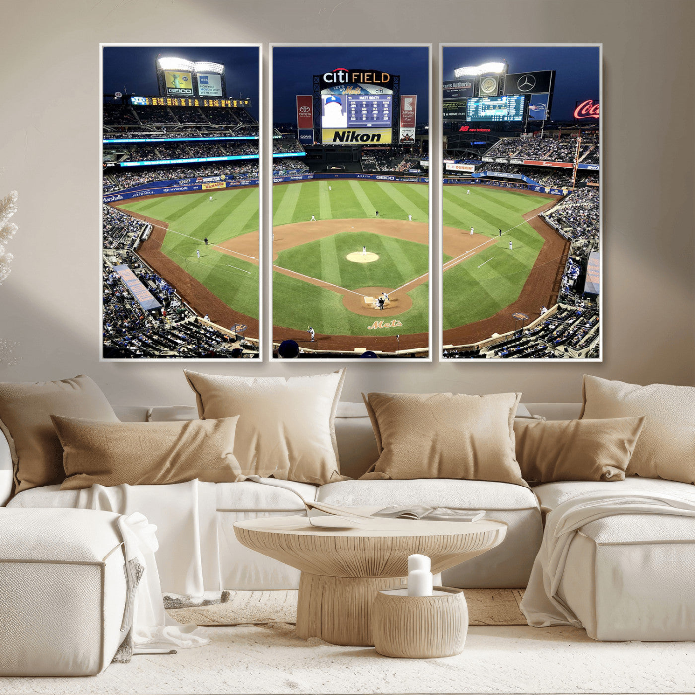 MGV-FC-48X32-3P - Citi Field Wall Art Print | 3-Panel New York Mets Baseball Stadium Canvas Print | Framed Sports Decor for Living Room, Man Cave, or Office Decor