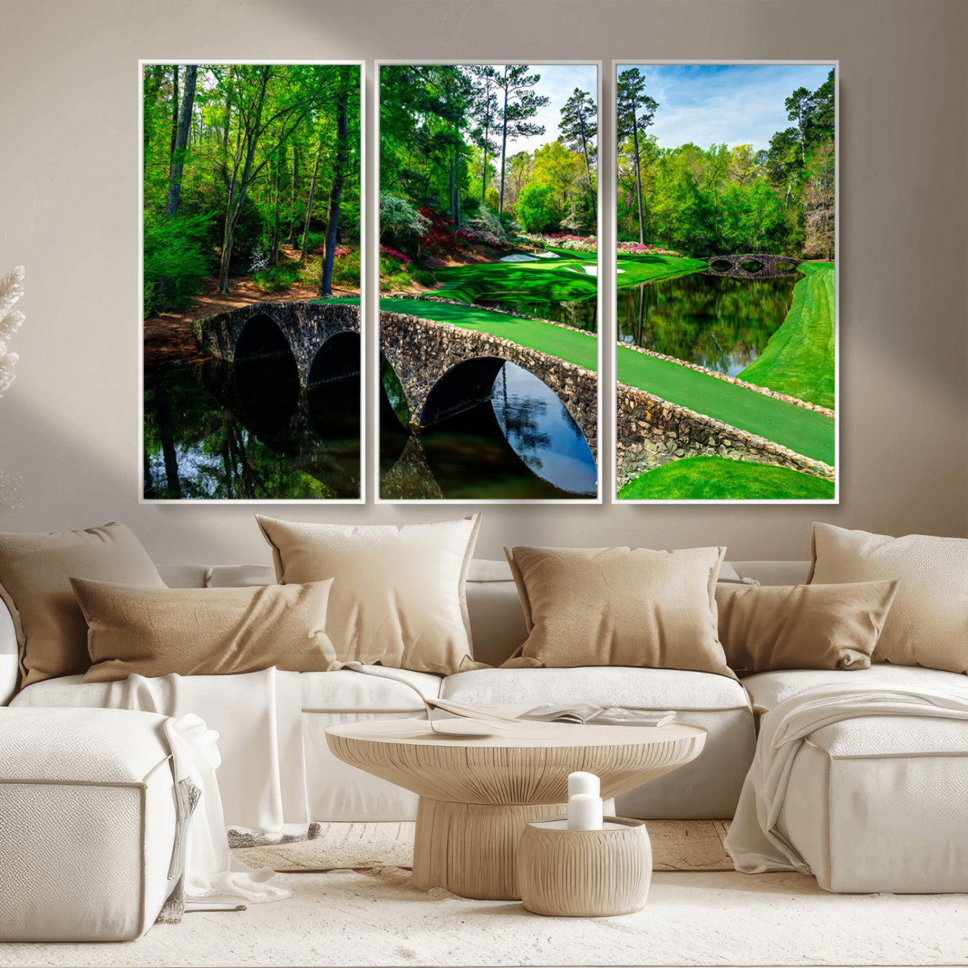 MGV-FC-48X32-3P - Augusta National Golf Club Wall Art - Panoramic Bridge & Lush Greenery – Premium Framed, Ready-to-Hang Triptych Canvas