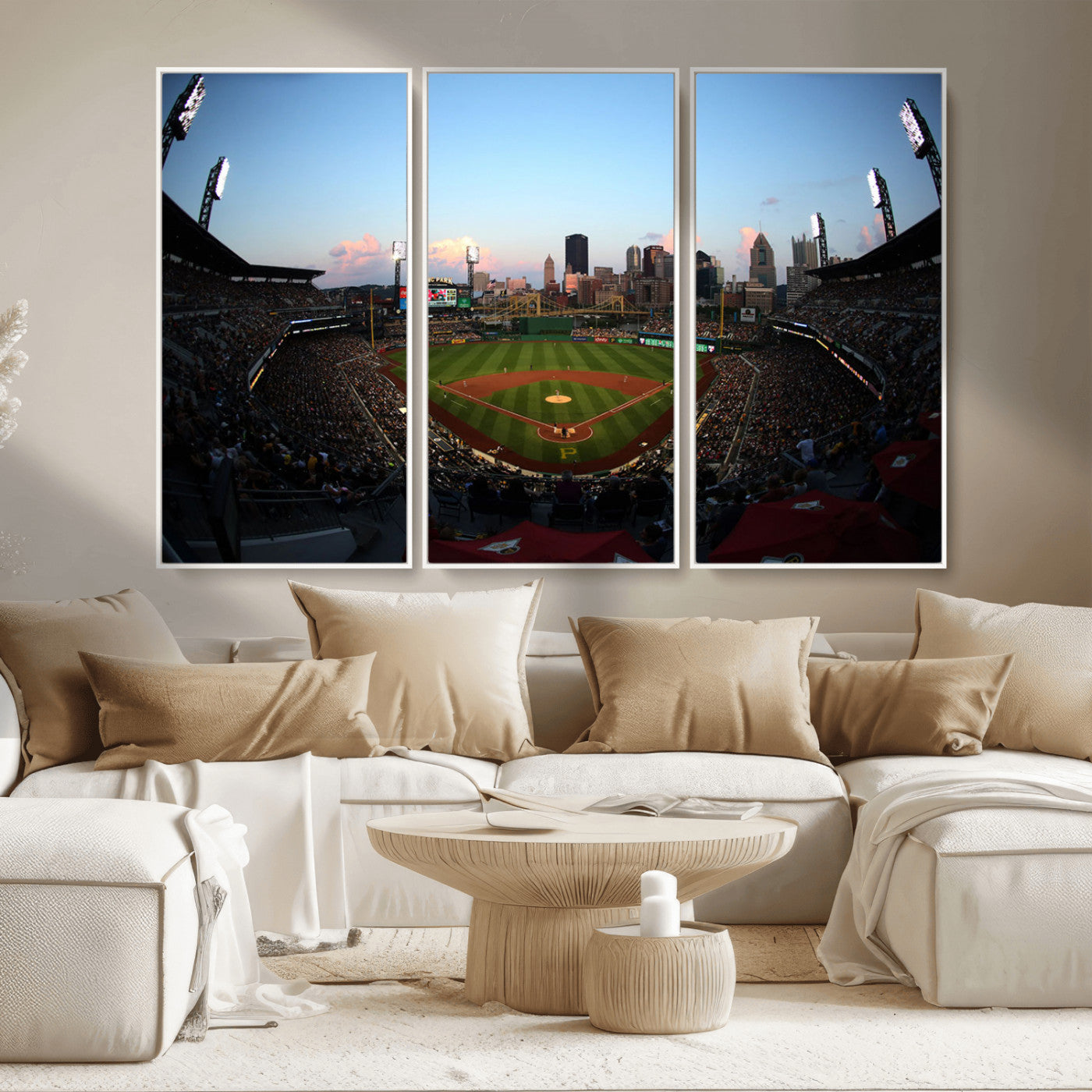 MGV-FC-48X32-3P - PNC Park Evening Game Triple Canvas Wall Art - Pittsburgh Pirates MLB Match - PNC Park Stadium Wall Art Canvas Print