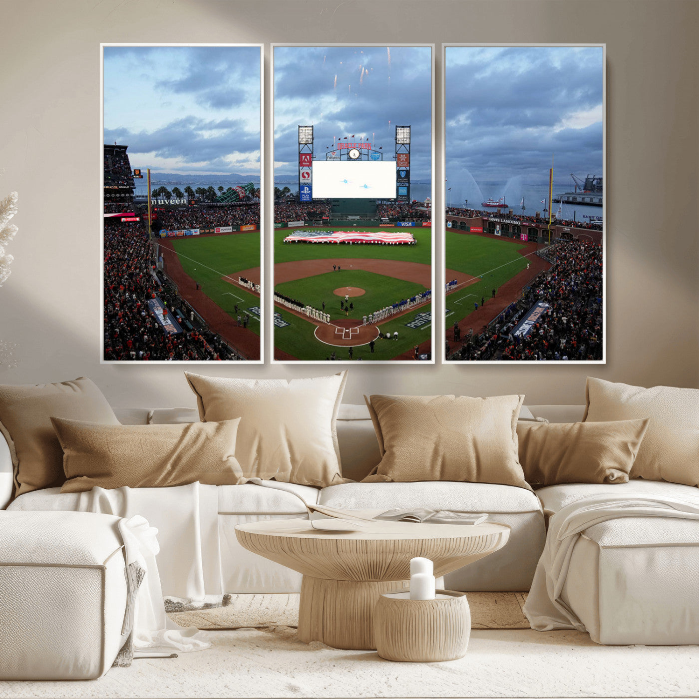 MGV-FC-48X32-3P - Oracle Park San Francisco Giants Wall Art | 3-Panel Canvas Print of Oracle Park Stadium | Large Framed Baseball Wall Decor | Ready-to-Hang MLB Canvas Print