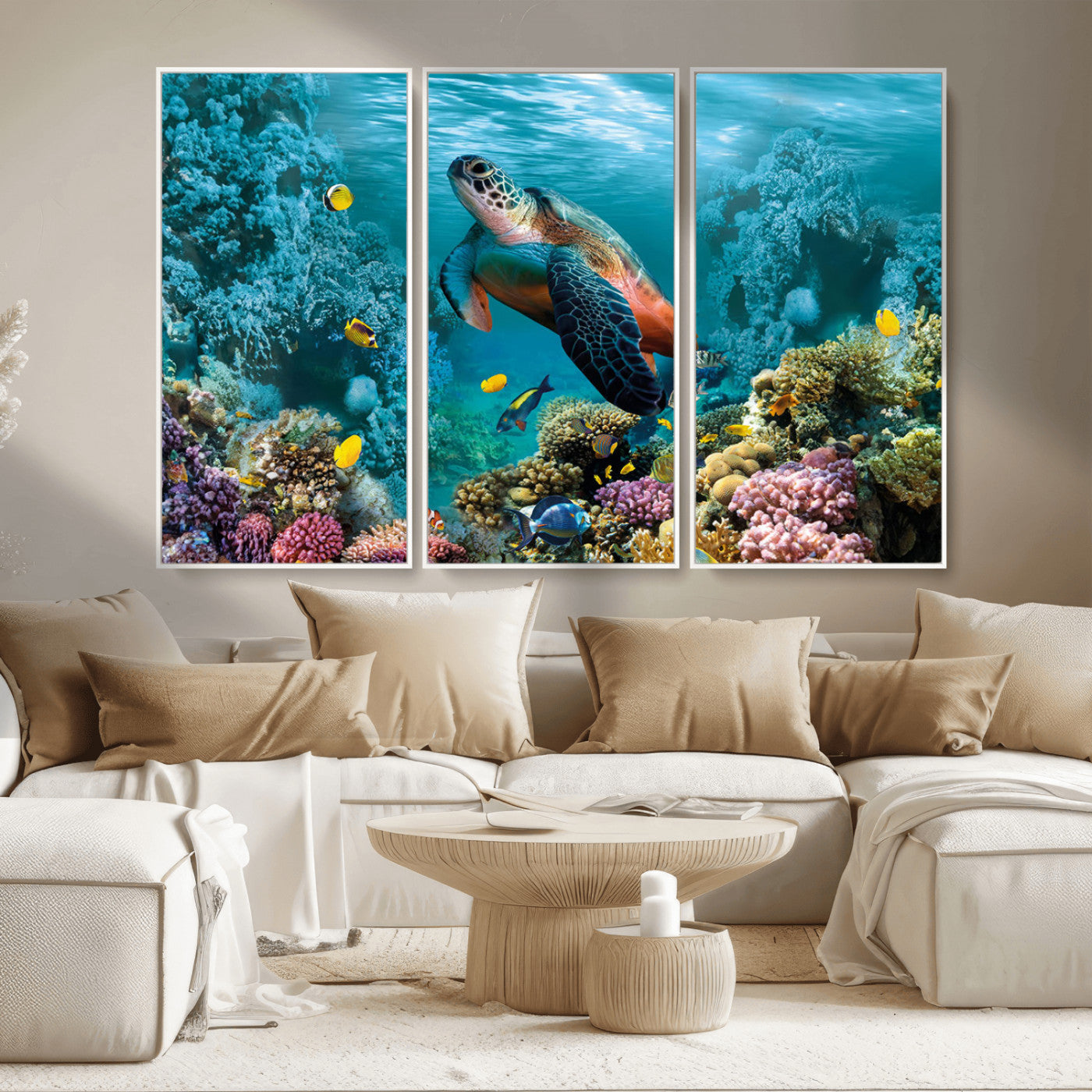 MGV-FC-48X32-3P - Sea Turtle and Coral Reef Triptych Wall Art – Vibrant Underwater Scene Canvas Set for Ocean Lovers and Coastal Decor – Ready to Hang 3-Panel Artwork