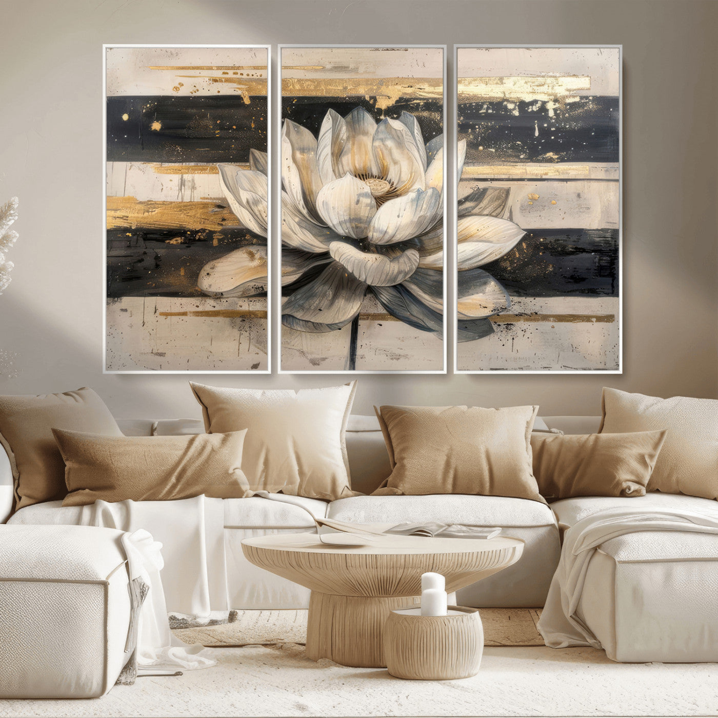 MGV-FC-48X32-3P - Lotus Flower Wall Art Canvas Print, Framed Abstract Lotus Art Picture Print, White Lotus Flower Perfect Abstract Floral Decor Artwork