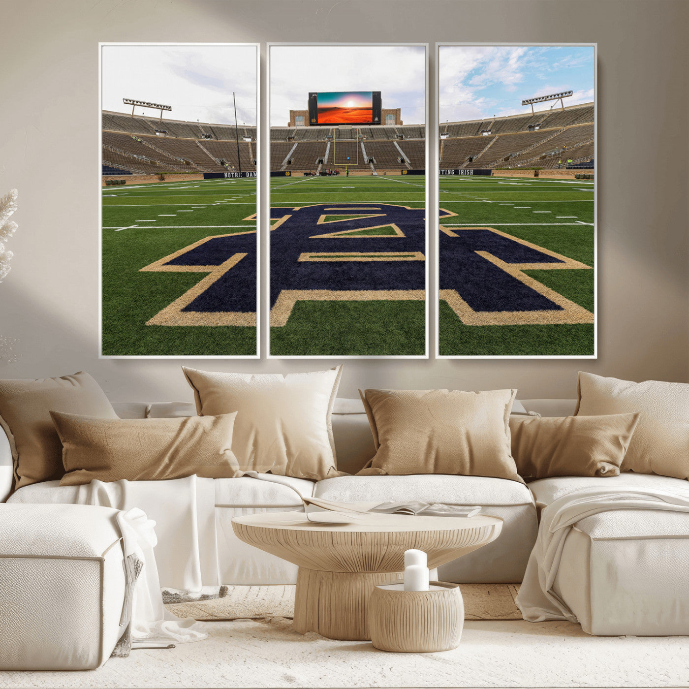 MGV-FC-48X32-3P - Notre Dame Stadium Giclee Canvas Print | Triptych Wall Art Featuring Iconic Notre Dame Football Field | Ready-to-Hang Sports Stadium Decor