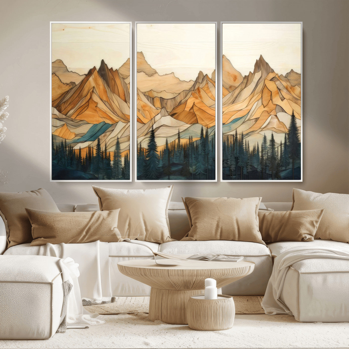 -Rustic Wood Mountain Wall Art Print | Triptych Giclee Print Featuring Handcrafted Forest and