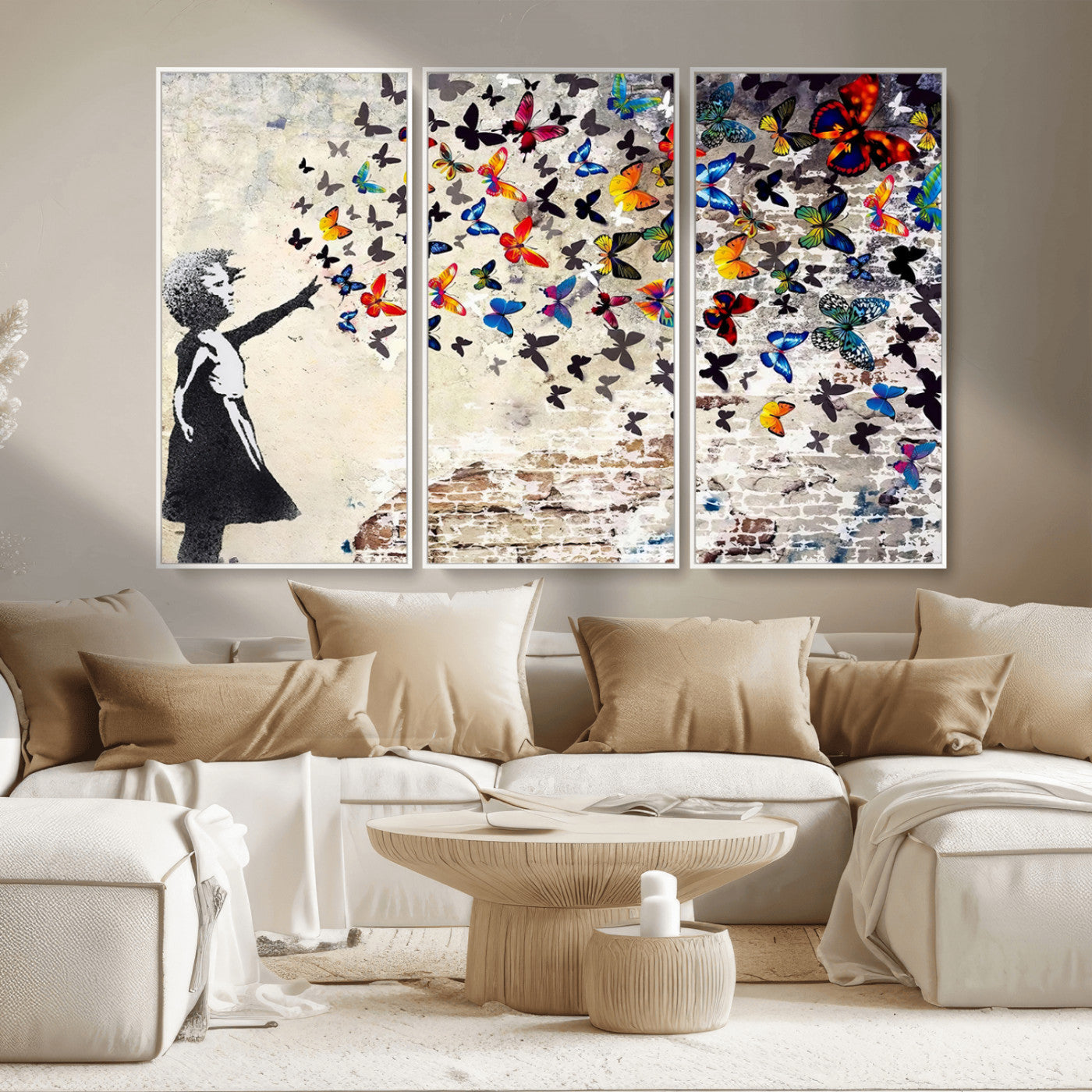 MGV-FC-48X32-3P - Banksy Graffiti Wall Art Canvas Print: Girl Releasing Vibrant Butterflies – Ready to Hang