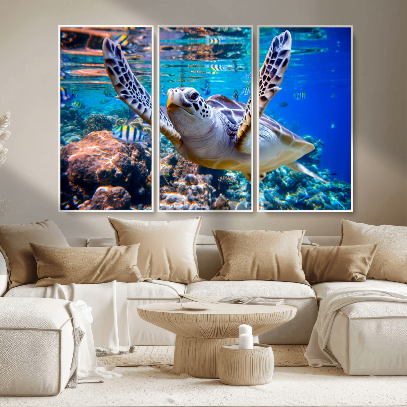 MGV-FC-48X32-3P - Underwater Sea Turtle Wall Art Canvas Print – Vibrant Ocean Coral Reef Décor, Ready to Hang
