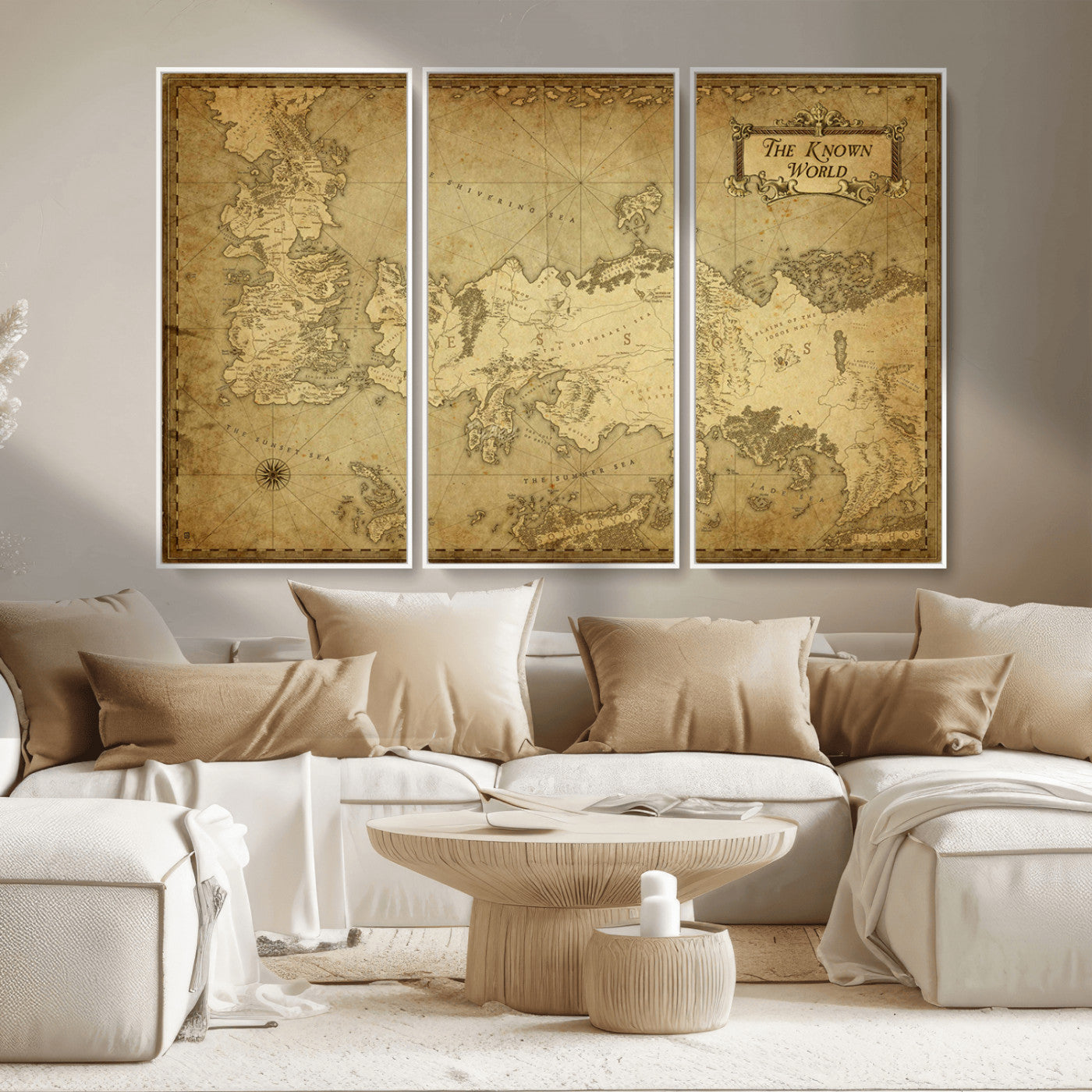 MGV-FC-48X32-3P - Vintage Game of Thrones Map Wall Art | Westeros and Essos Antique Style Print | The Known World in Triptych Canvas | Giclee Canvas for Fantasy Lovers