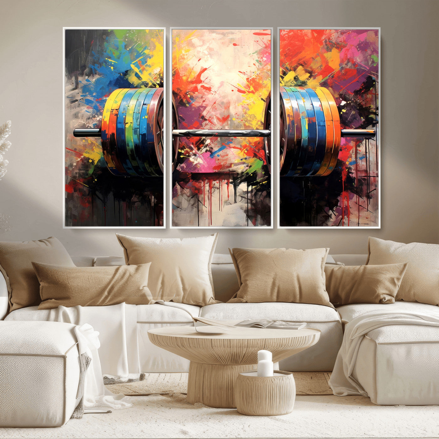 MGV-FC-48X32-3P - Weightlifting Barbell Art Triptych, Bold Abstract Fitness Wall Decor for Gym or Home, Giclee Canvas Print
