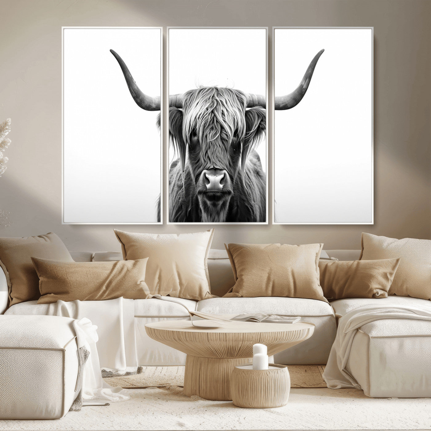 MGV-FC-48X32-3P - Highland Wall Art Canvas Print – Minimalist Black and White Farmhouse Décor, Ready to Hang
