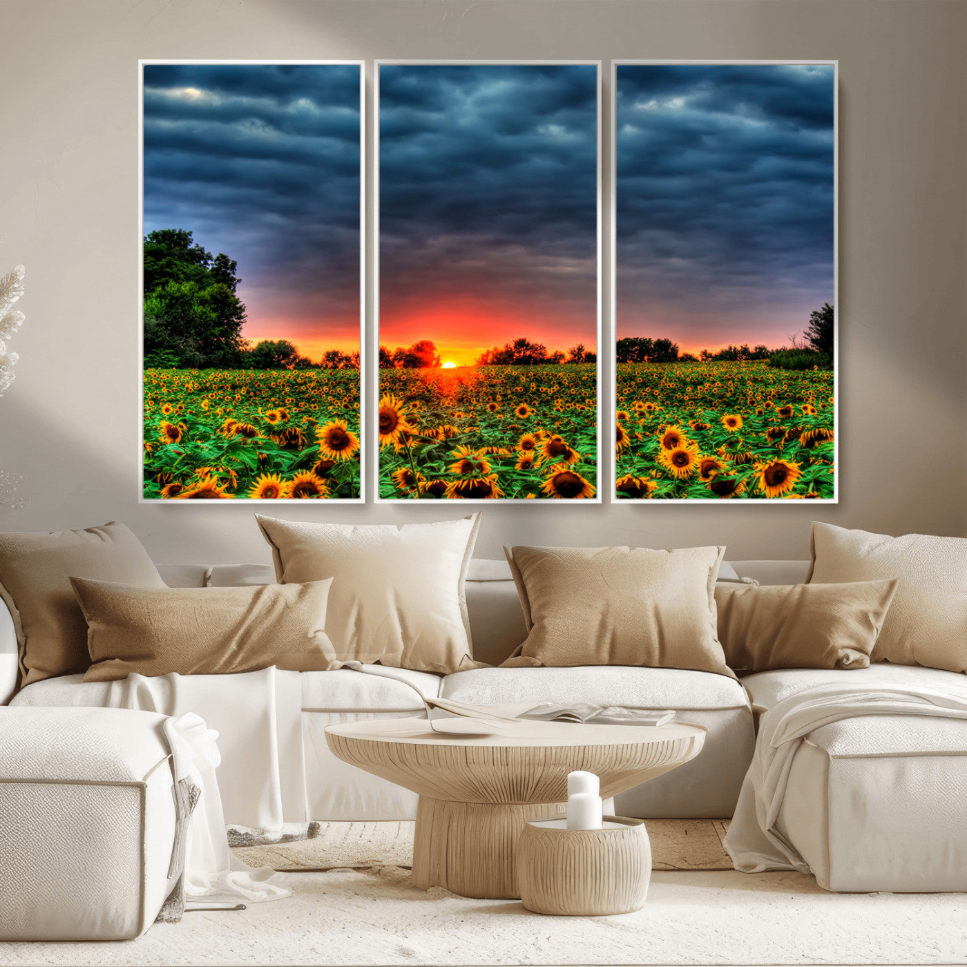 MGV-FC-48X32-3P - Golden Sunflower Field at Sunset – Breathtaking Sky and Vibrant Flowers, Ready to Hang Wall Art