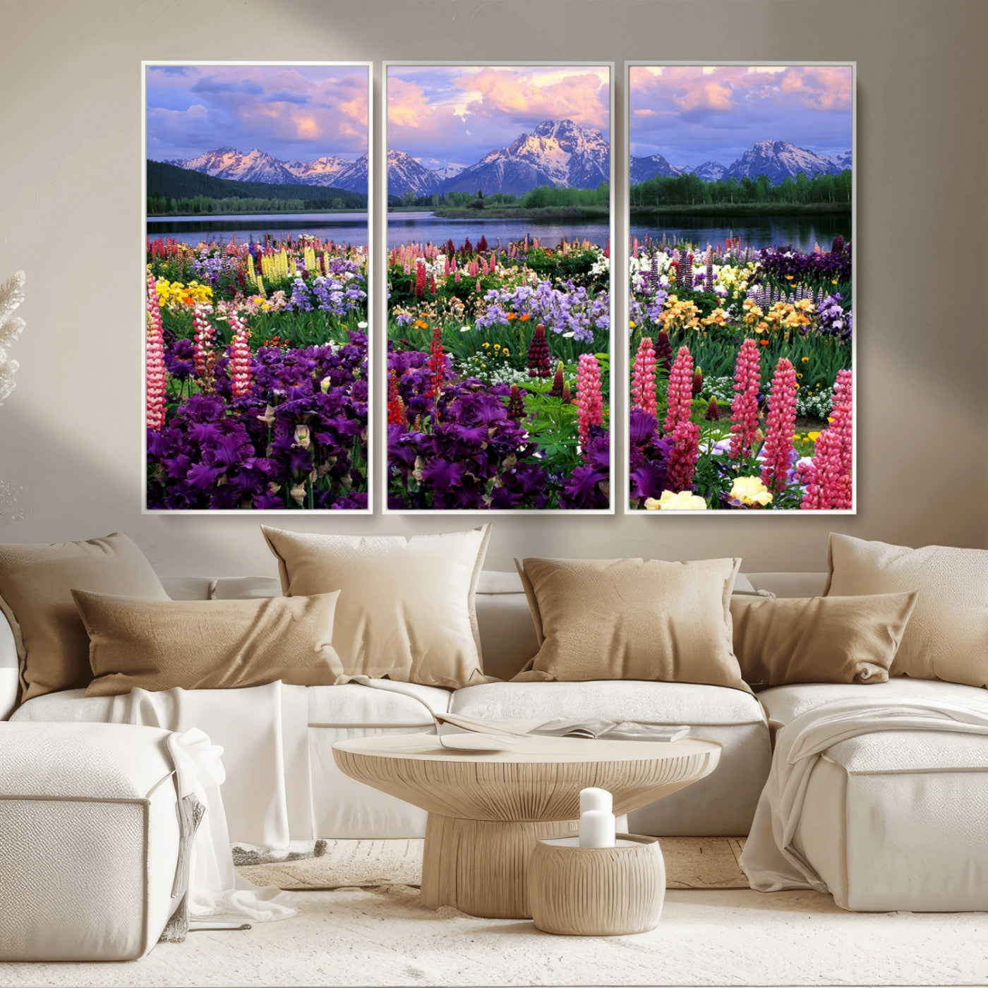 MGV-FC-48X32-3P - Vibrant Wildflower Garden and Mountain View Giclee Canvas Print | Floral Wall Art for Living Room