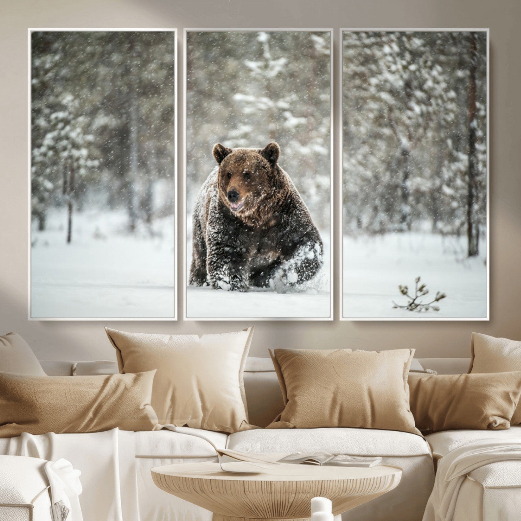 A majestic brown bear moves through a snowy forest landscape, surrounded by falling snowflakes, capturing the essence of wildlife in winter.