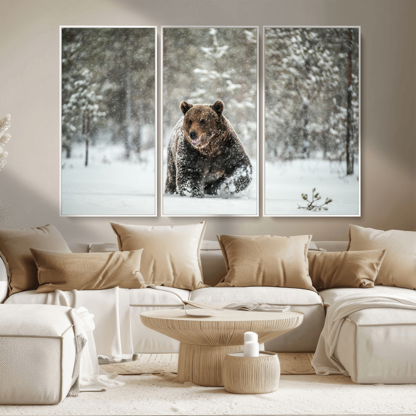 MGV-FC-48X32-3P - Wall Art Canvas Print – Grizzly Bear in Snowy Forest Powerful Presence Snowy Wilderness Wild Beauty