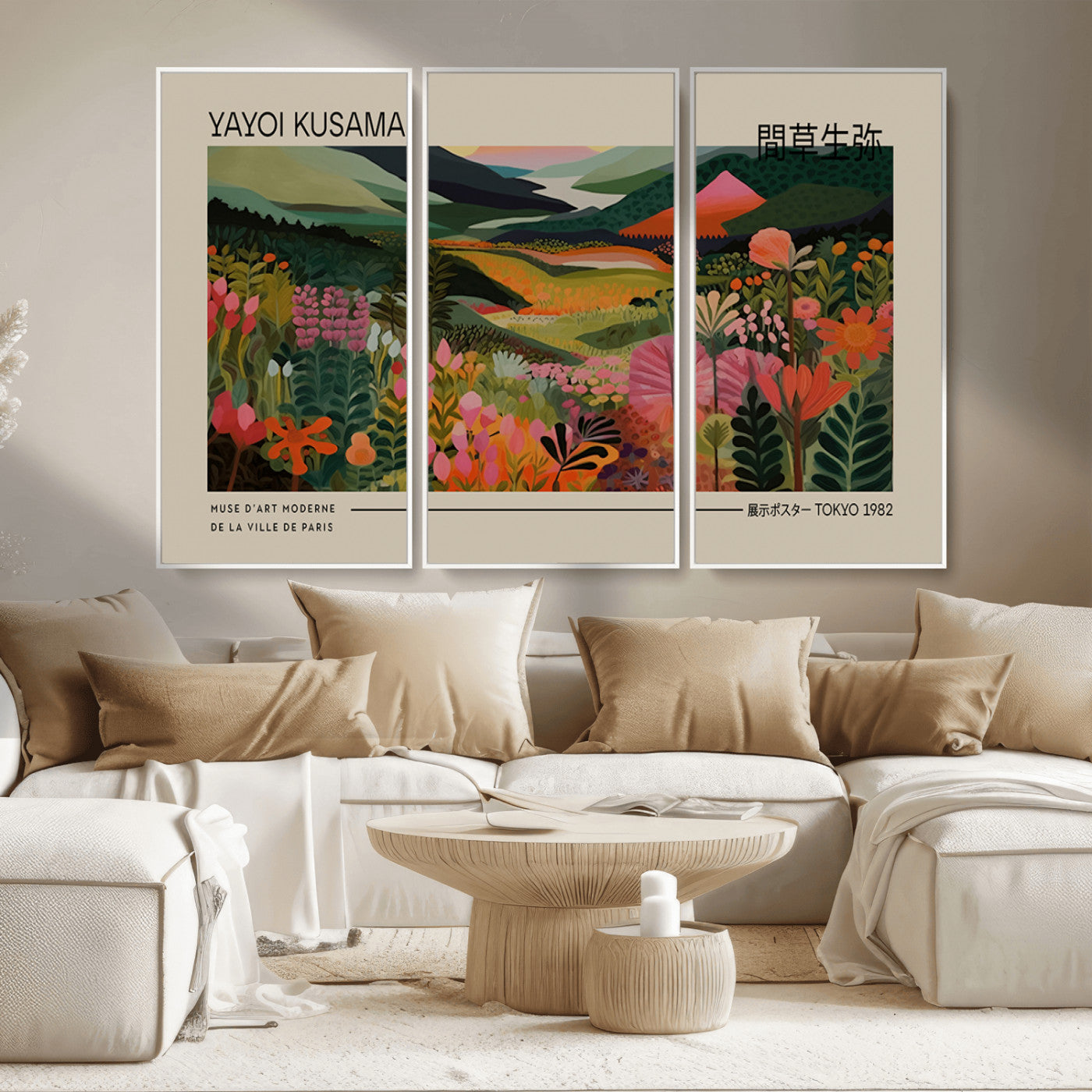 MGV-FC-48X32-3P - Yayoi Kusama Landscape Canvas Print, Vibrant Floral Mountain Art Print, Botanical Flower Nature