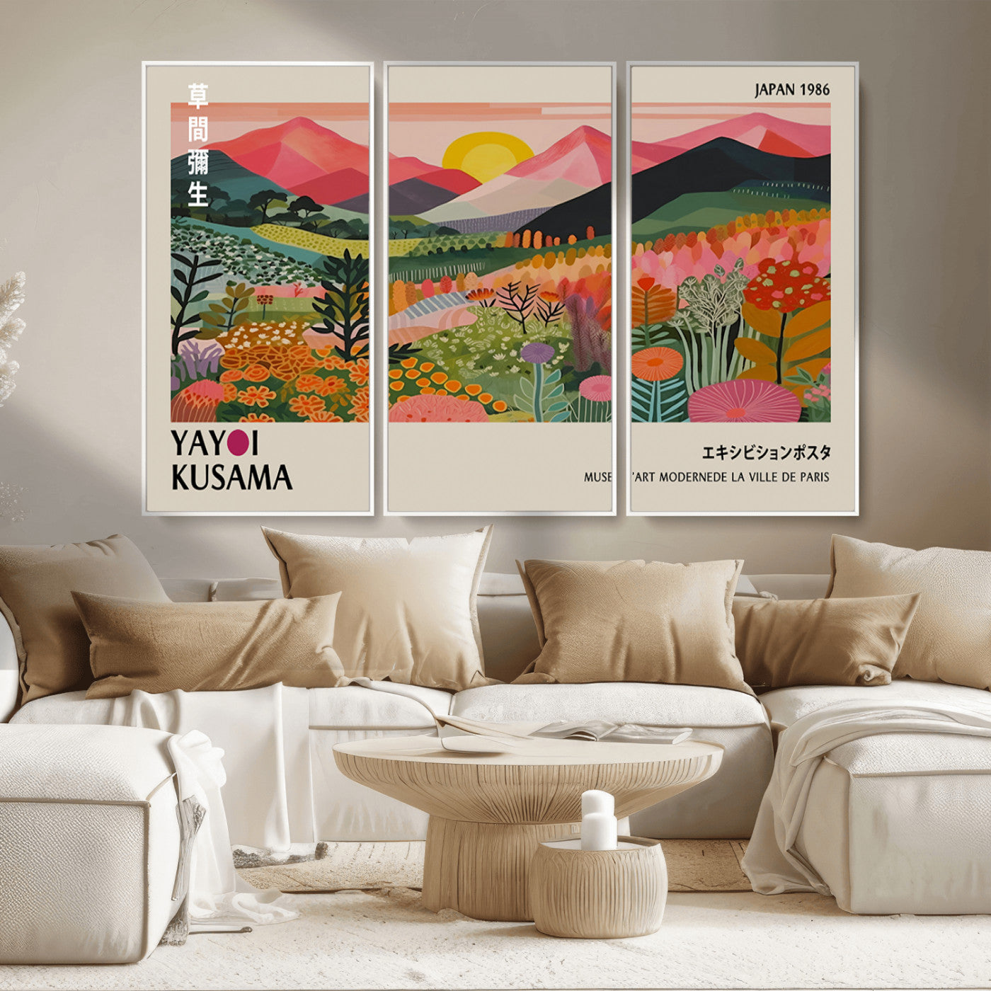 MGV-FC-48X32-3P - Yayoi Kusama Landscape Canvas Print, Vibrant Floral Mountain Art Print, Framed Botanical Wall Art -
