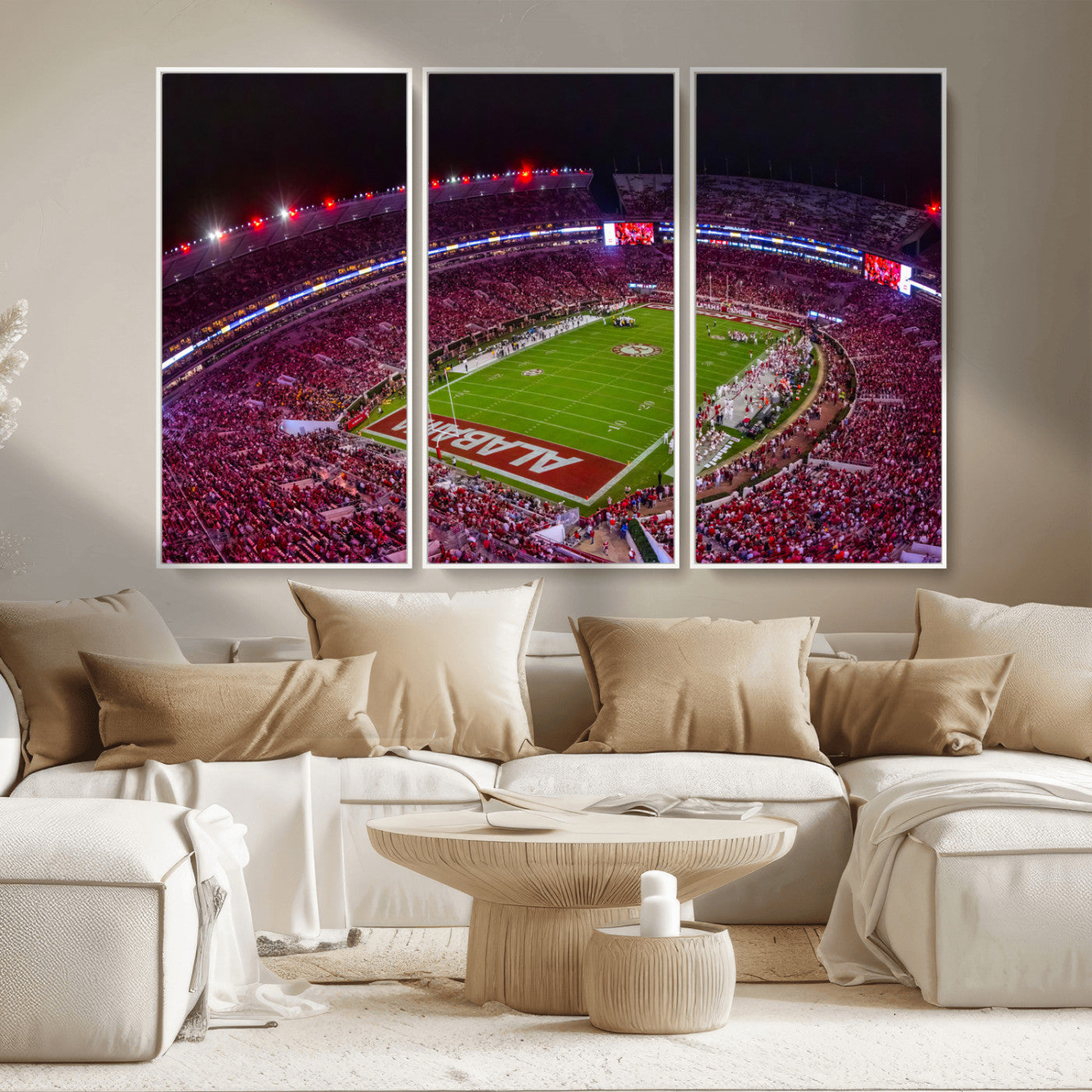 MGV-FC-48X32-3P - Bryant-Denny Stadium Night Game Triple Canvas Wall Art - Alabama Crimson Tide Football Match