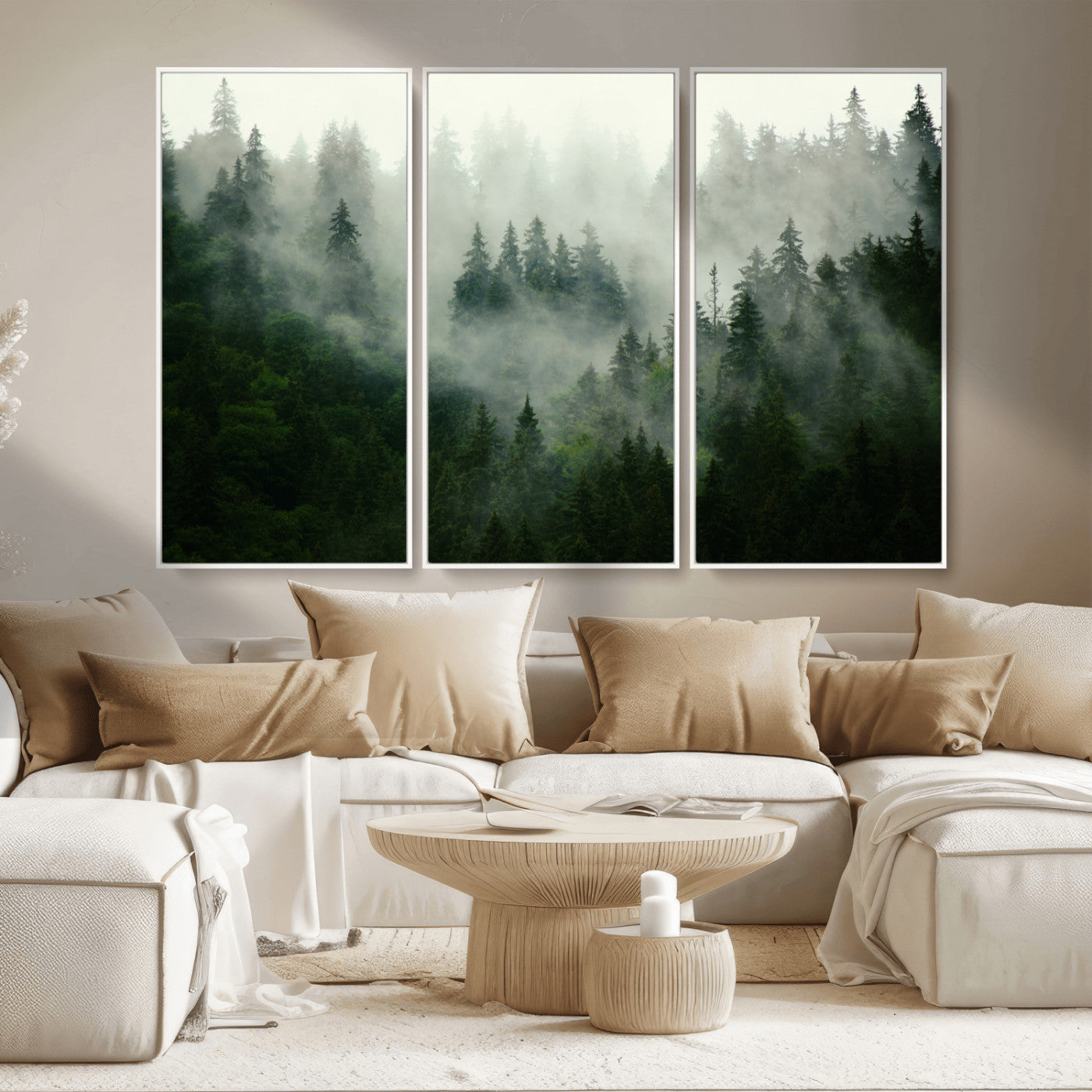 MGV-FC-48X32-3P - Misty Forest Wall Art Canvas Print - Foggy Forest Landscape Canvas Wall Art – Serene Triptych Nature