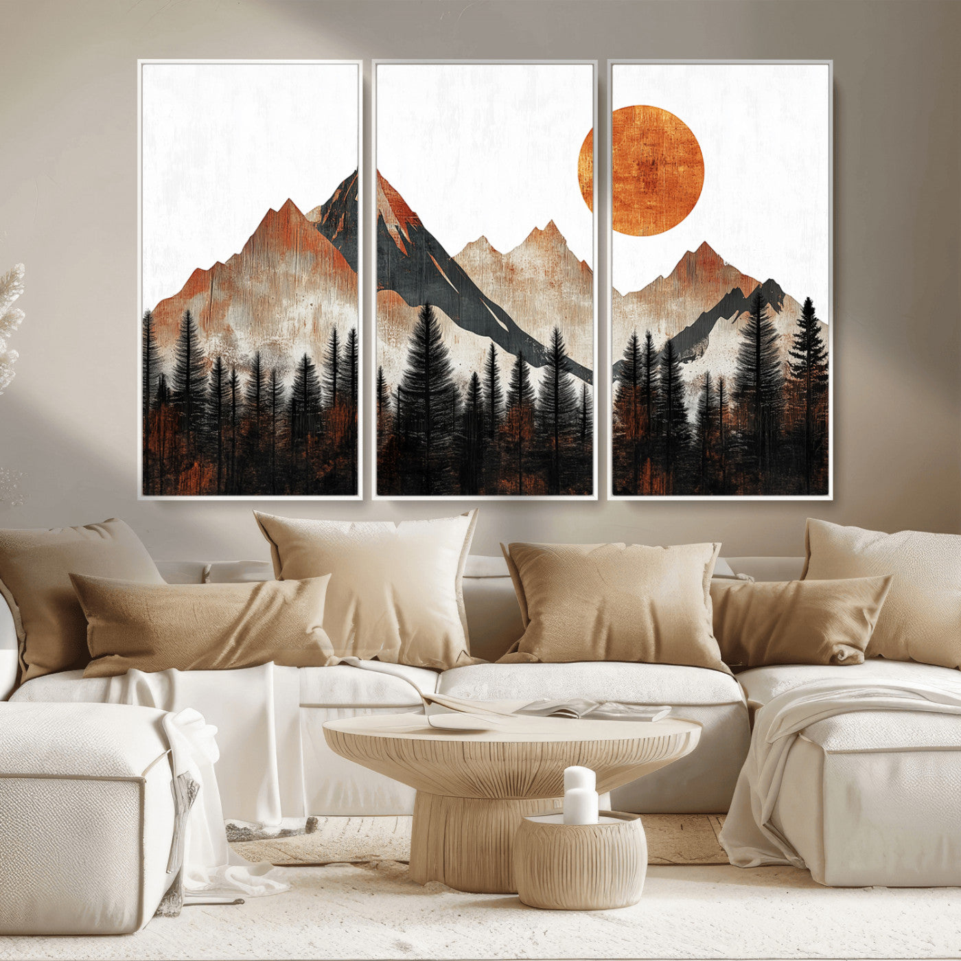 MGV-FC-48X32-3P - Modern Abstract Mountain Canvas Wall Art Print, Abstract Landscape Print, Rustic Sun and Mountains