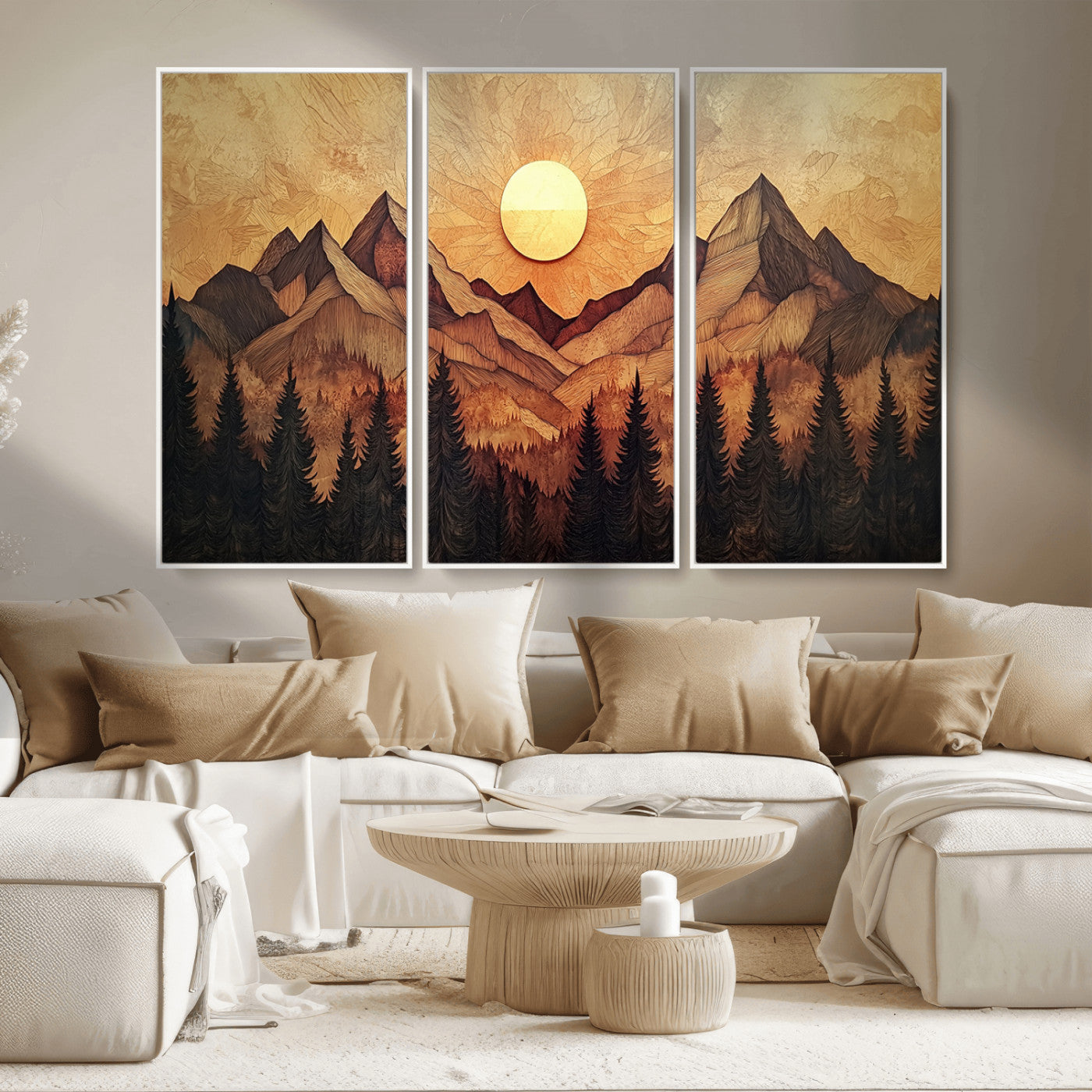 MGV-FC-48X32-3P - Wood Style Abstract Mountain Sunset Canvas Wall Art Print - Warm Earth Nature-Inspired Decor for