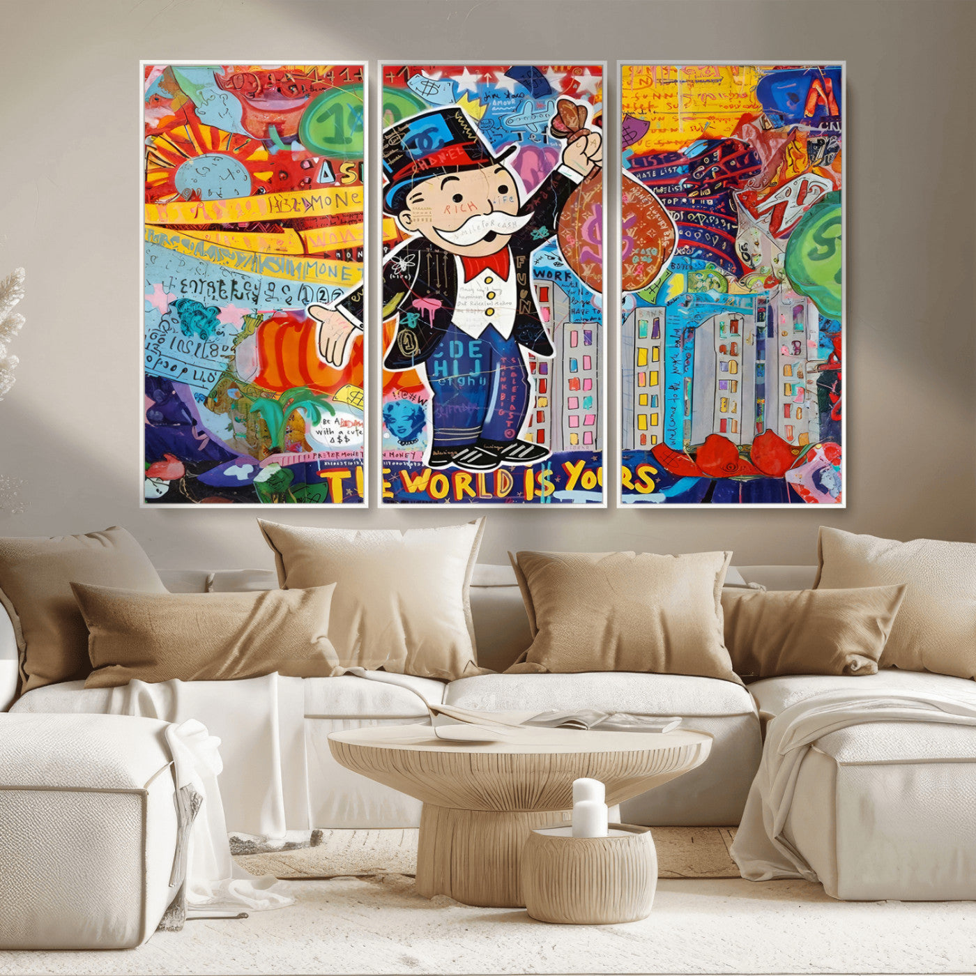 MGV-FC-48X32-3P - Pop Art Monopoly Man Canvas Wall Art Print - Bold and Colorful Street Art-Inspired Decor for Living