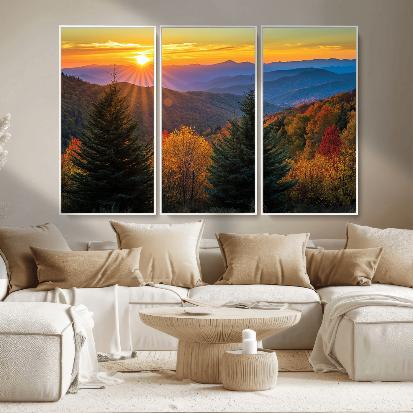 MGV-FC-48X32-3P - Golden Sunset Over Mountain Forest Canvas Wall Art Print - Warm Nature-Inspired Landscape for Living
