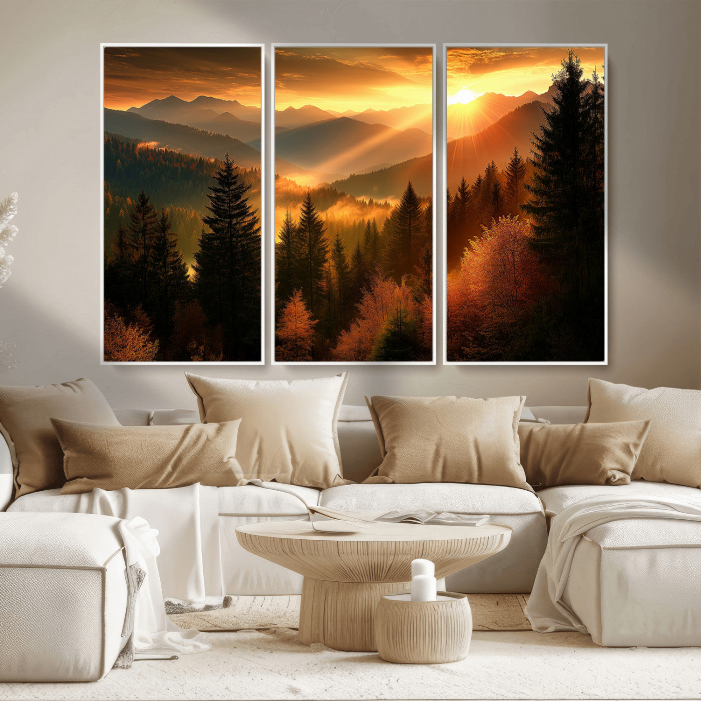 MGV-FC-48X32-3P - Golden Sunset Over Mountain Forest Canvas Wall Art Print - Warm Nature Landscape Print
