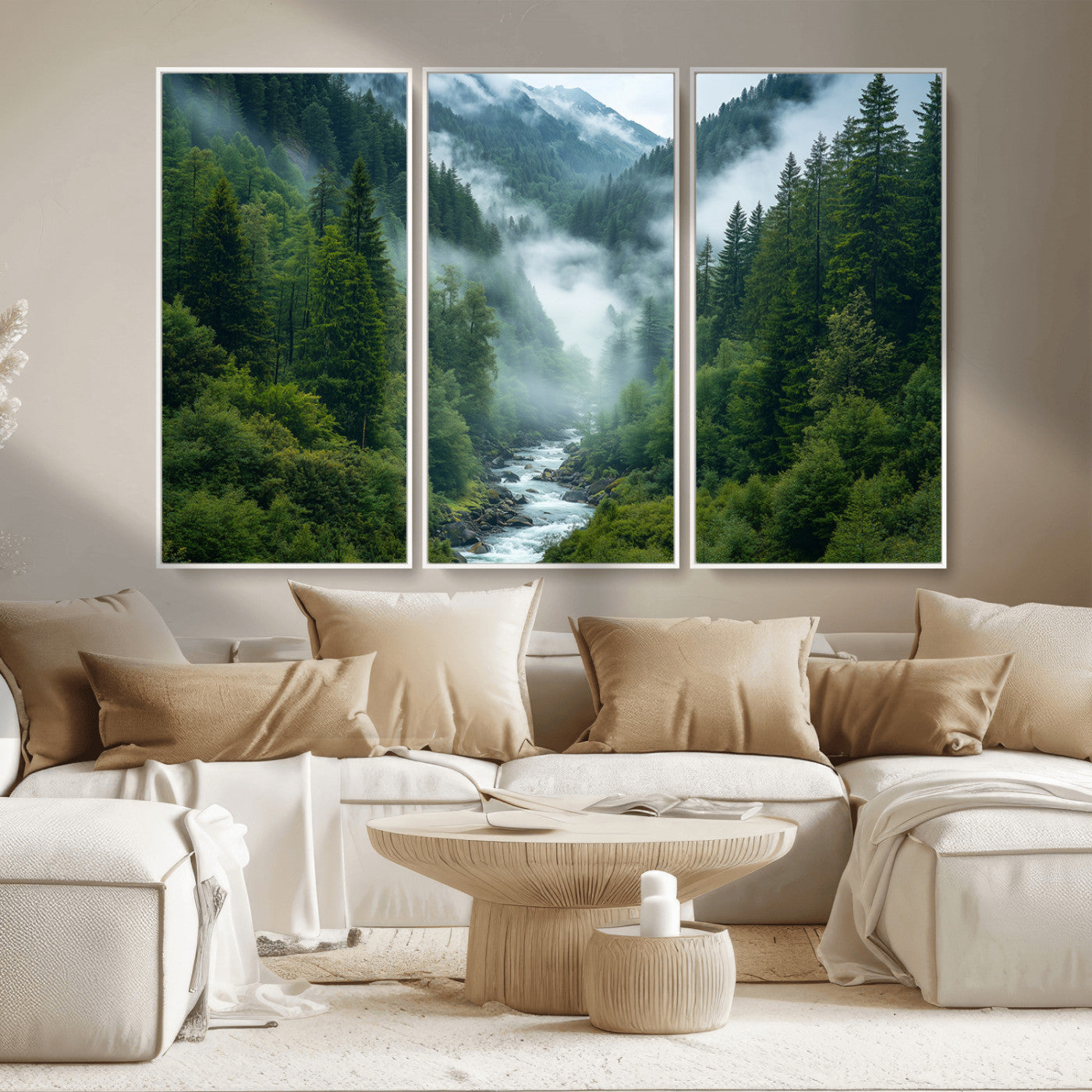 MGV-FC-48X32-3P - Mountain Forest River Canvas Wall Art Print - Serene Nature Landscape for Living Room, Office, or