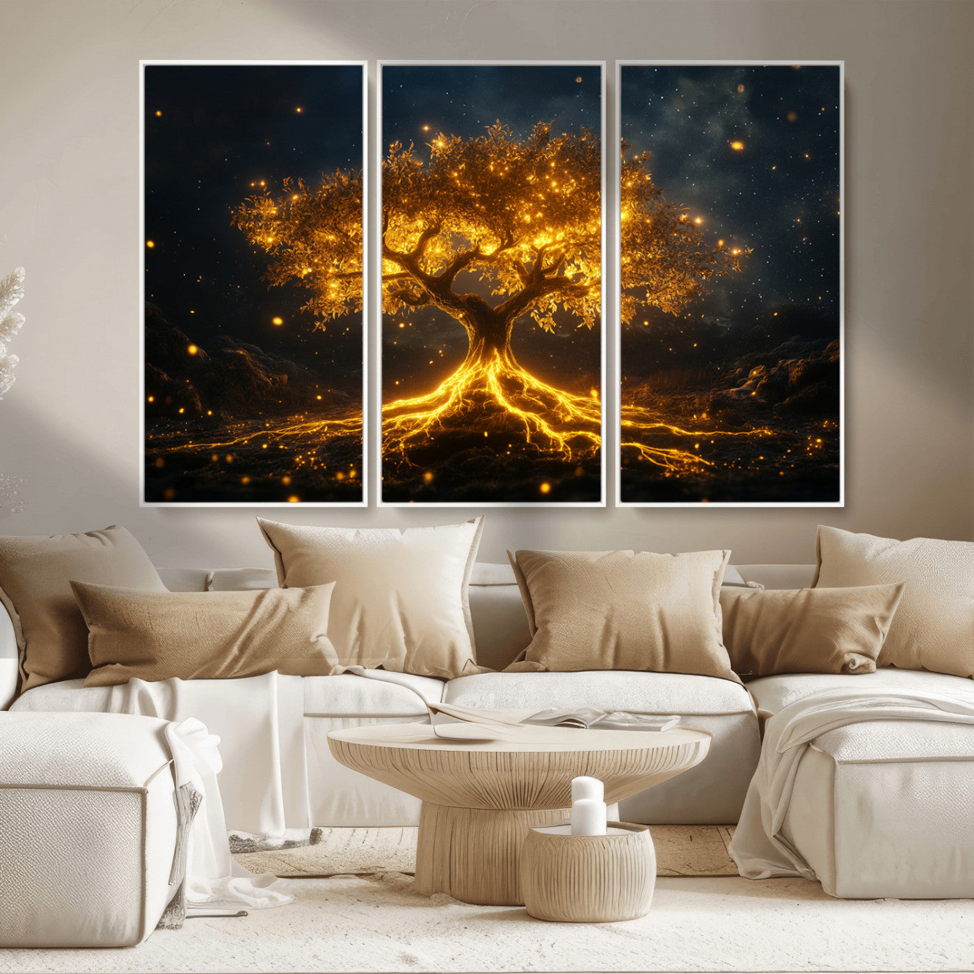 MGV-FC-48X32-3P - Golden Tree of Life Canvas Wall Art Print - Majestic Glowing Tree Design for Living Room, Office, or
