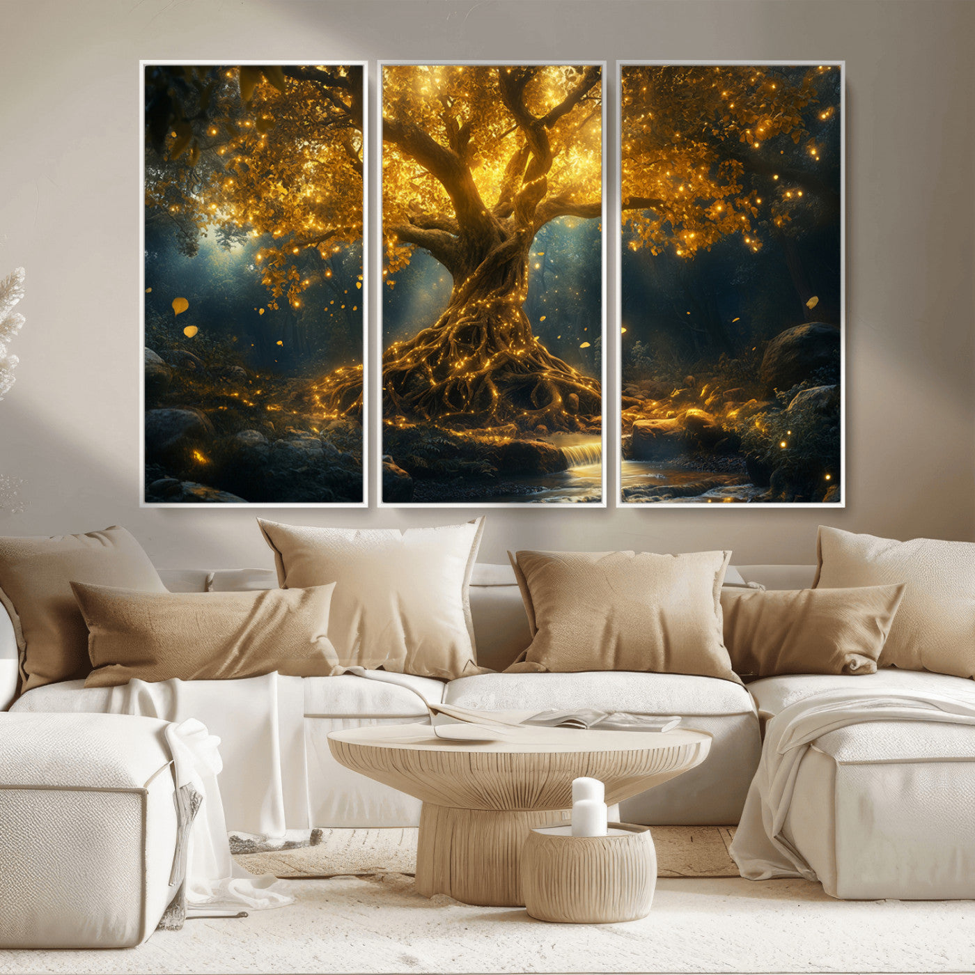 MGV-FC-48X32-3P - Golden Tree of Life Canvas Wall Art Print - Majestic Glowing Tree Wall Art Print