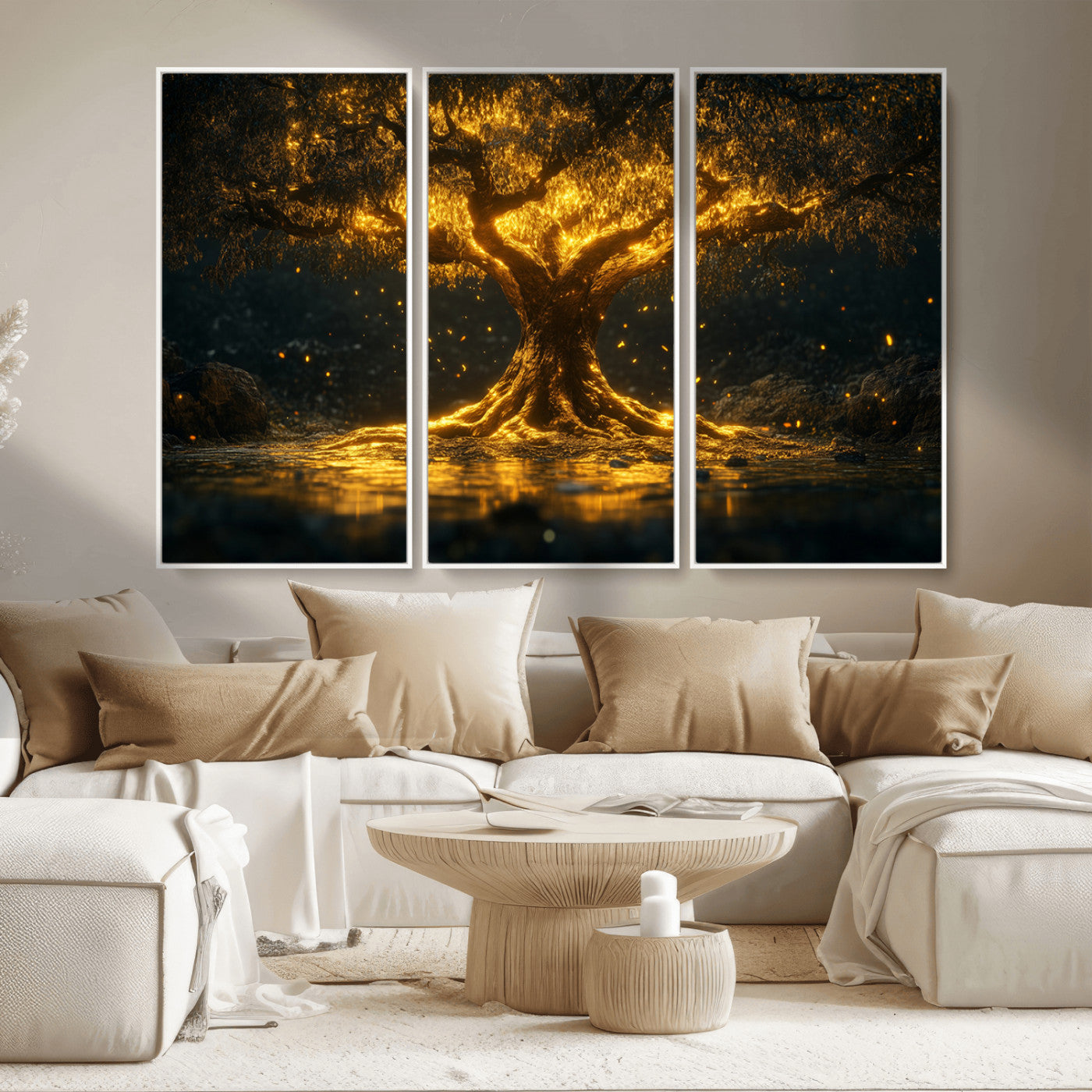 MGV-FC-48X32-3P - Golden Tree of Life Canvas Wall Art Print - Majestic Glowing Tree Wall Art Print
