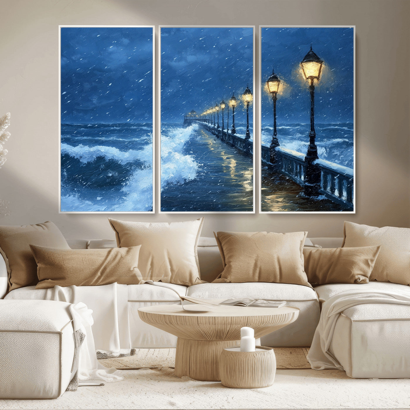 MGV-FC-48X32-3P - Stormy Ocean Pier Lights Canvas Wall Art Print - Large Moody Night Scene for Living Room, or Office,
