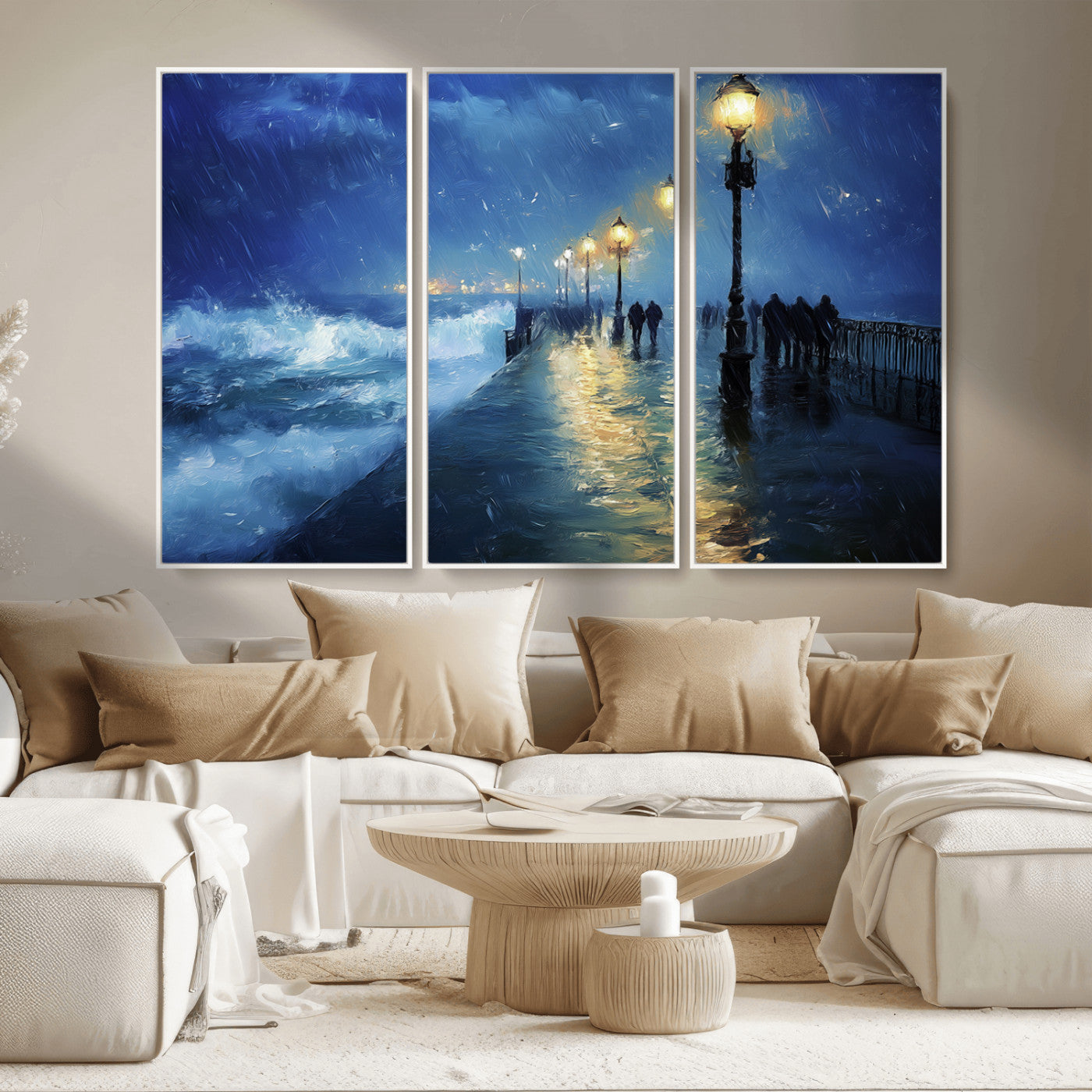 MGV-FC-48X32-3P - Abstract Stormy Ocean Pier Canvas Wall Art Print | Stormy Ocean Art | Large Moody Night Scene Print,