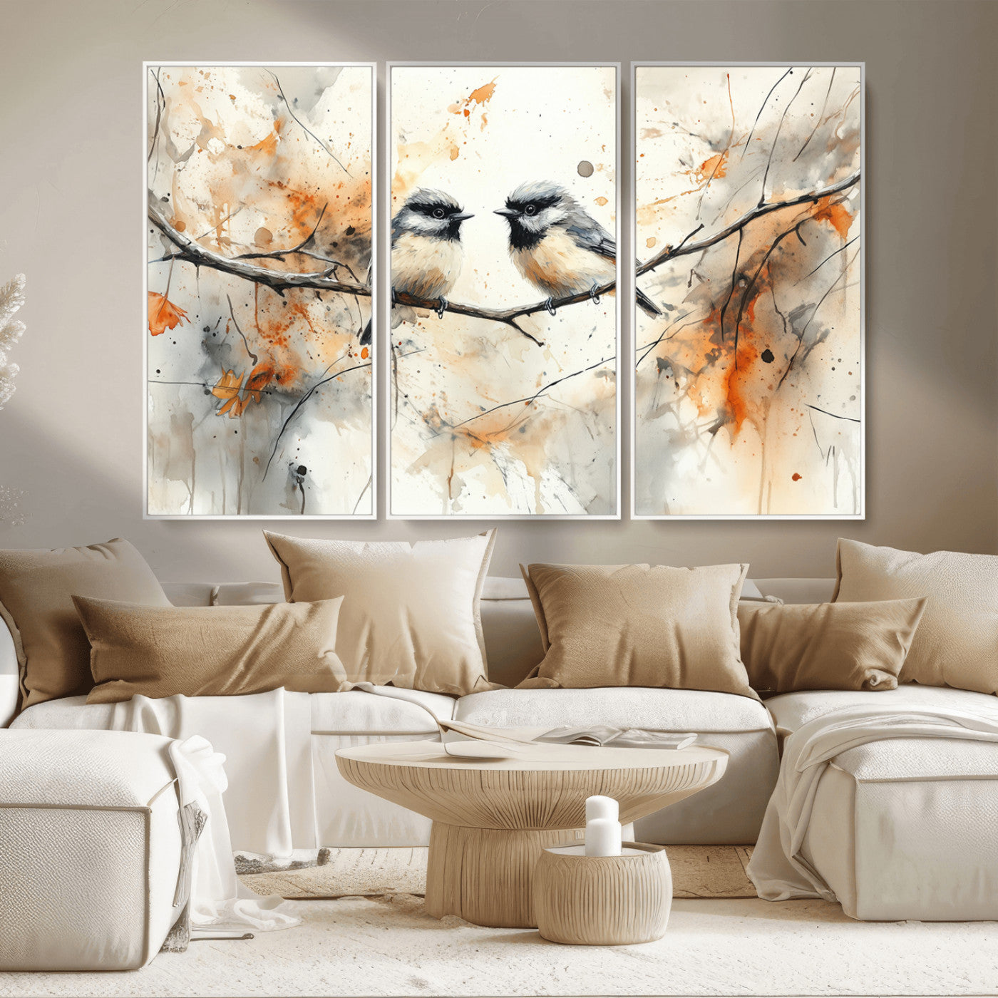 MGV-FC-48X32-3P - Abstract Watercolor Chickadee Bird Canvas Wall Art Print - Large Bird and Branch Wall Art, Modern
