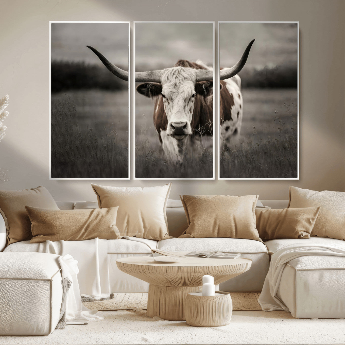 MGV-FC-48X32-3P - Texas Longhorn Cow Canvas Wall Art Print - Large Rustic Longhorn Art for Living Room, Western Wall
